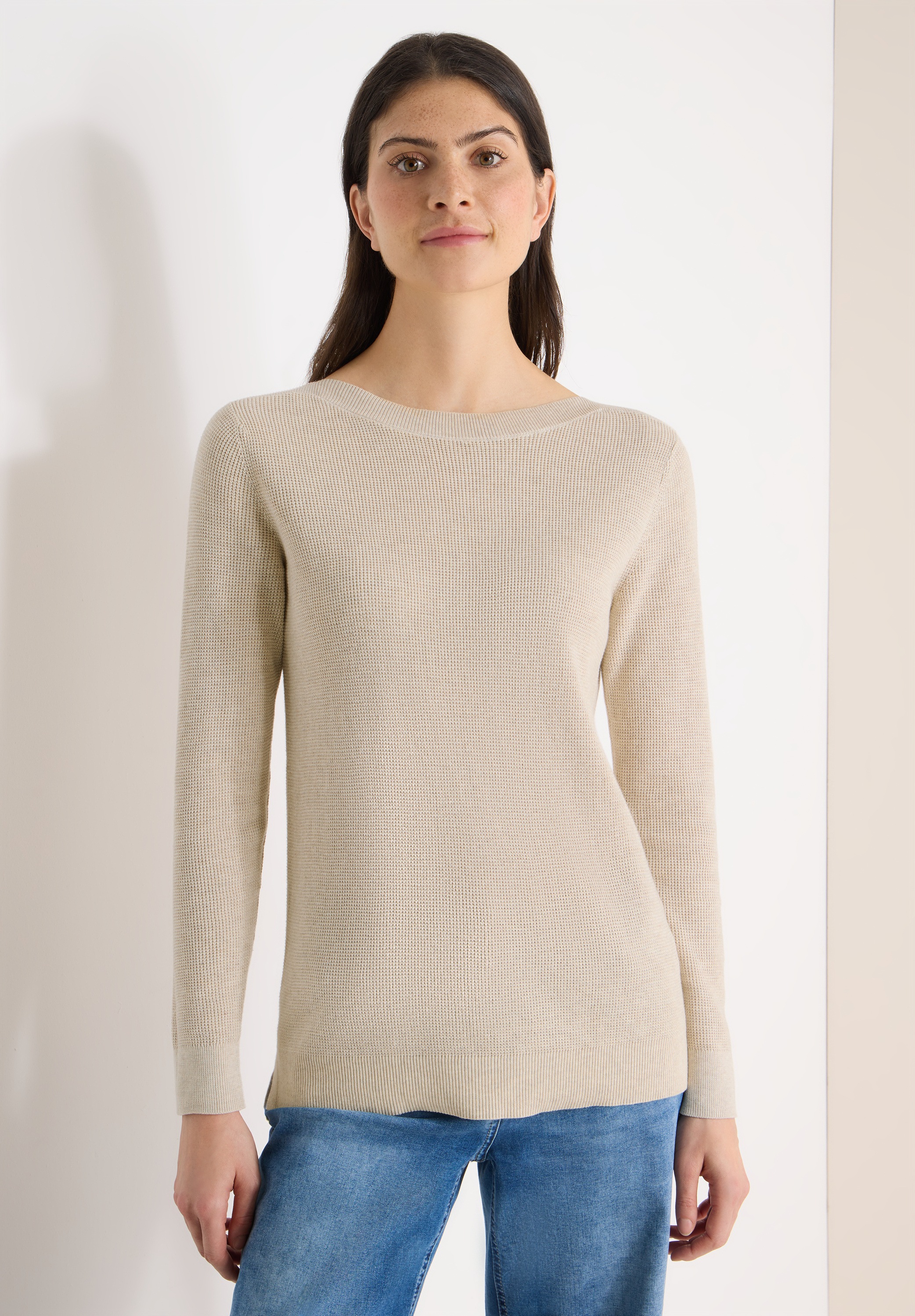 Strickpullover CECIL, Damen, Gr. M (40), egg beige melange, Strick, Obermaterial: 60% Baumwolle, 40% Viskose, unifarben, lässig geschnitten hüftbedeckend, Rundhals, Pullover Strickpullover, mit U-Boot-Ausschnitt 2