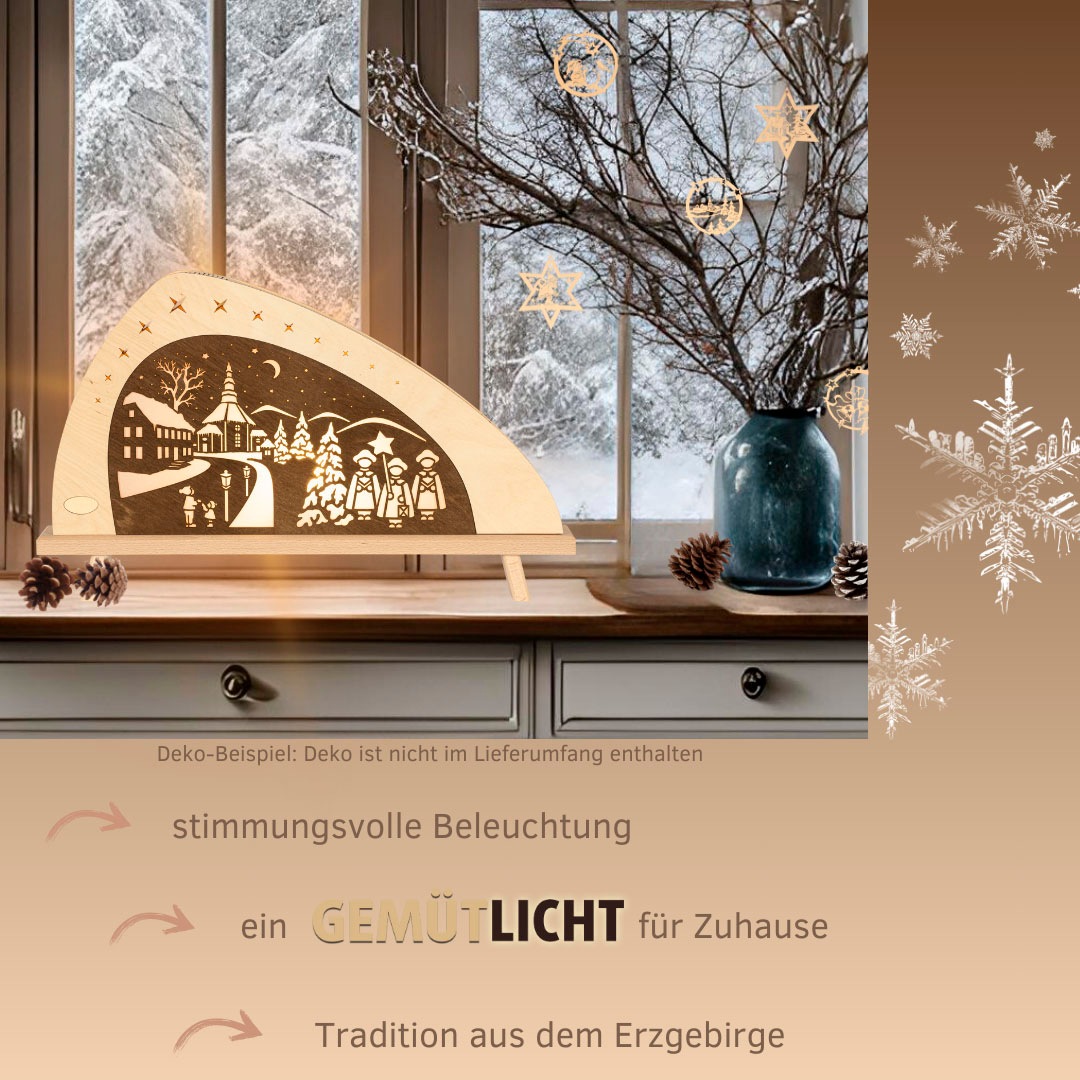 Weigla LED Lichterbogen »Weihnachten in Seiffen, Dekolampe asymmetrisch aus Holz NATUR-BRAUN«, Erzgebirge garantiert, Weihnachtsdeko Innen, Weihnachtsbeleuchtung