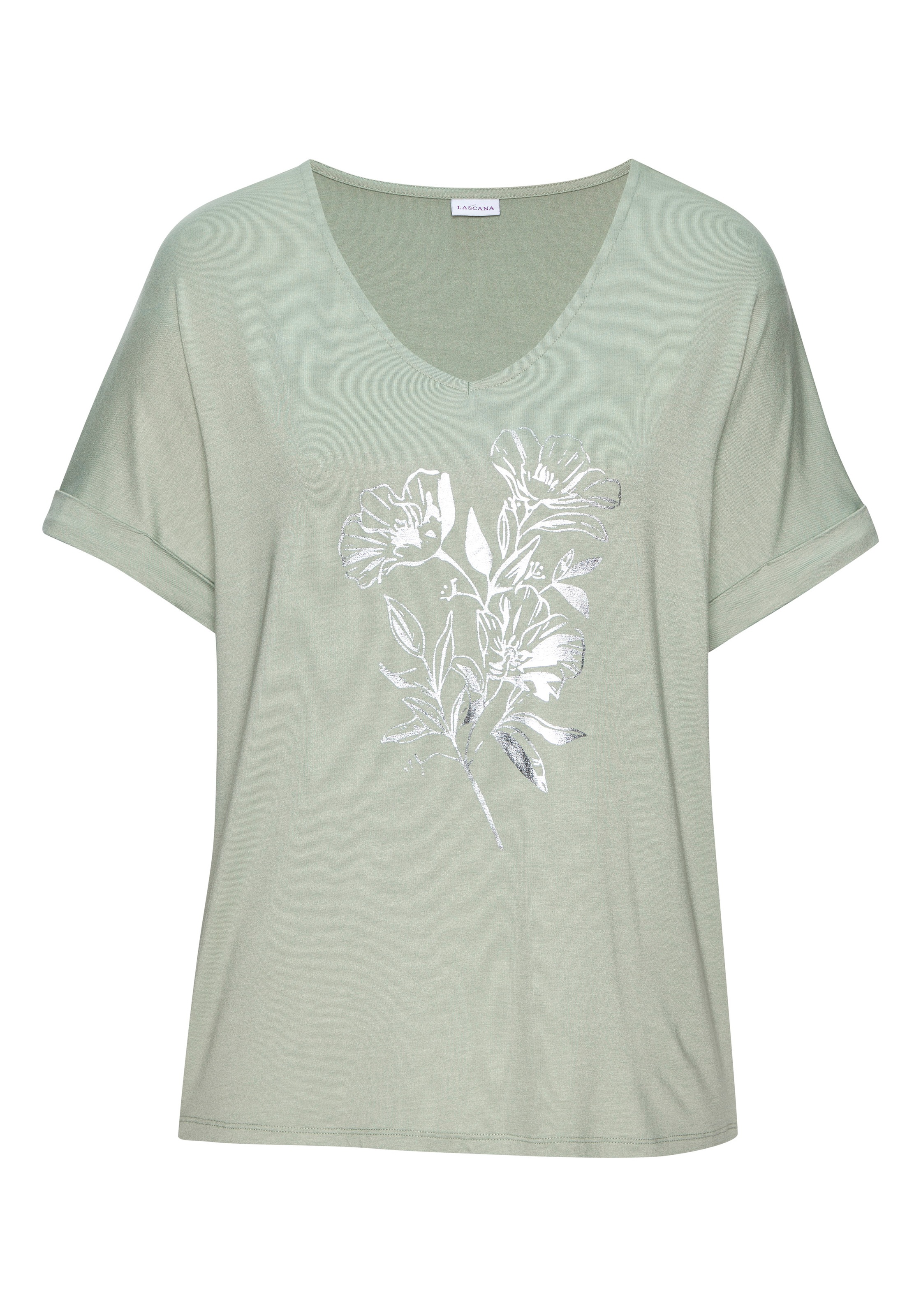 LASCANA Kurzarmshirt "mit schimmerndem Print" aus weichem Viskose-Stretch günstig online kaufen