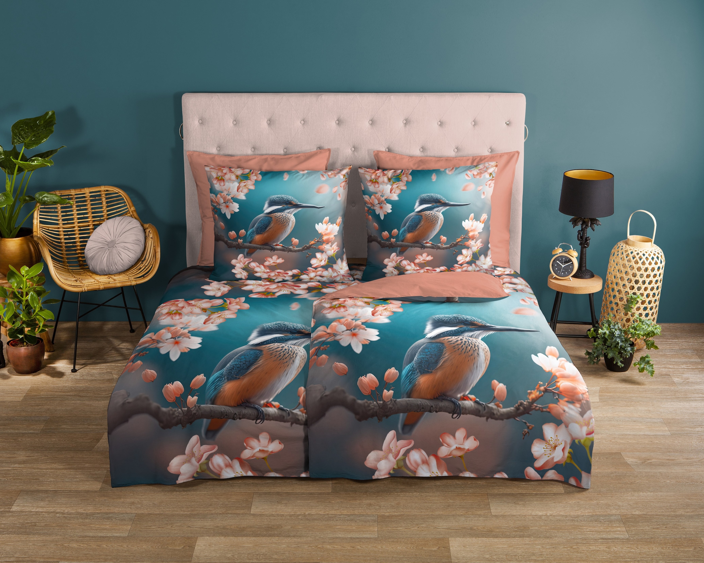 good morning Wendebettwäsche »Monti«, 100% Baumwolle, Renforcé, Reißverschluss, Wendeoptik, Blumen, Eisvogel