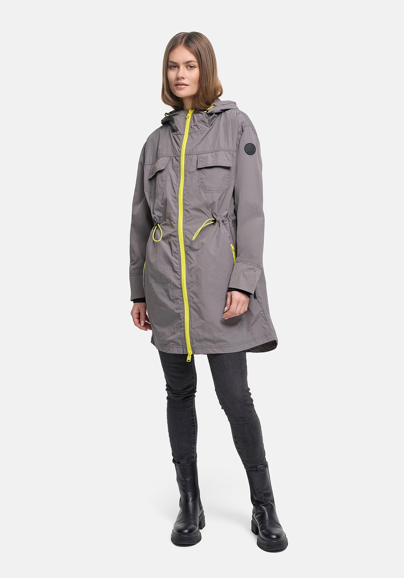Marikoo Outdoorjacke "Trüffelbonbon" Langer Windbreaker mit Kordelzug und Kontrastreißverschluss