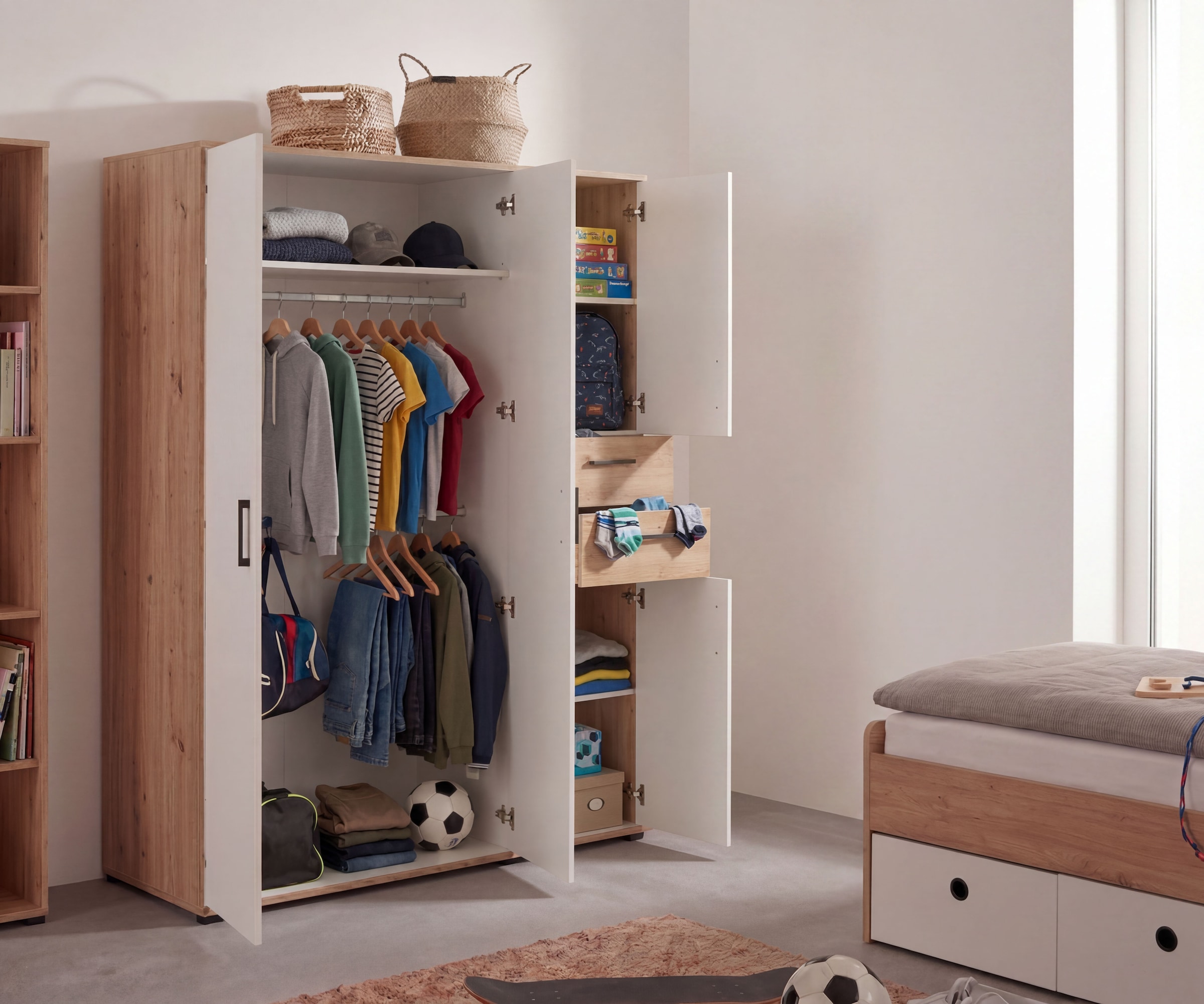arthur berndt Jugendzimmer-Set »Jugendzimmer-Set »Bente« 5-teilig« 2tlg, 3tlg, 5tlg -Schrank, Bett, Schreibtisch, Sideboard, Standregal, 3 tlg. Artisan Oak Nb/Weiß