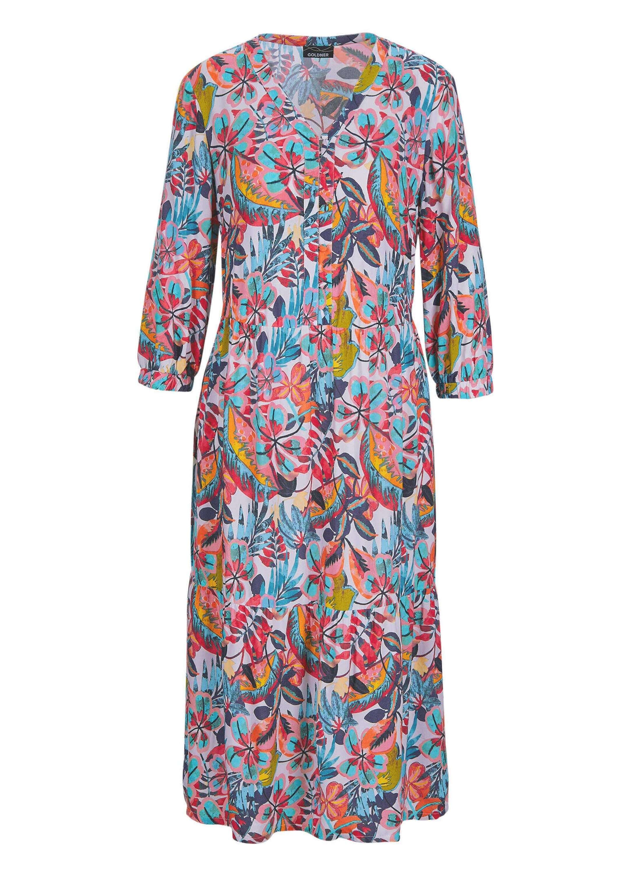 GOLDNER Sommerkleid "Kurzgröße Midikleid mit Allover-Print und V-Ausschnitt günstig online kaufen