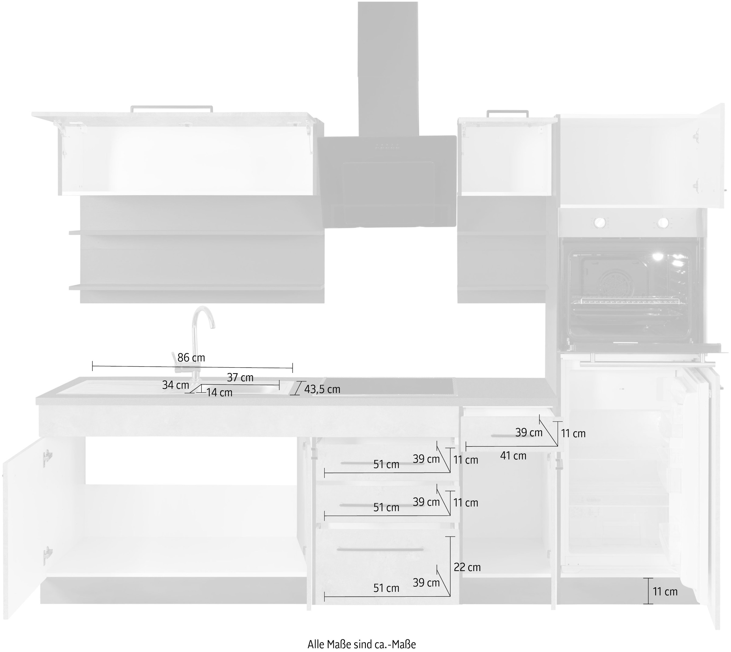 KOCHSTATION Küchenzeile »KS-Tulsa«, ohne E-Geräte, Breite 270 cm, schwarze Metallgriffe, MDF Fronten
