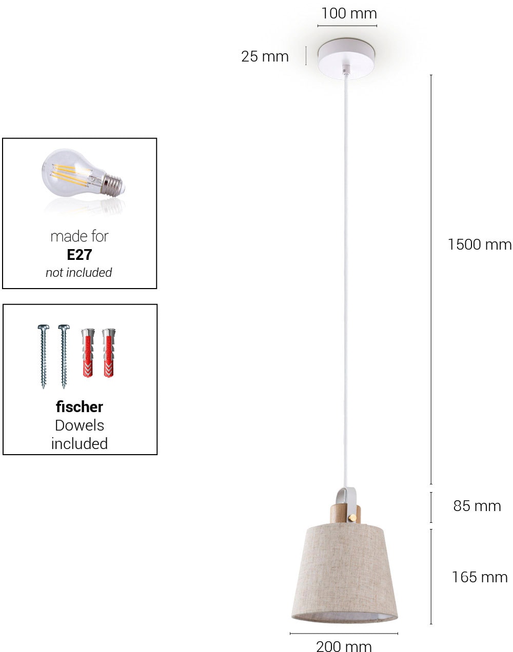Paco Home Pendelleuchte »MARTA«, Leuchtmittel E27 | ohne Leuchtmittel, Wohnzimmer Stoffschirm Esszimmer E27 Industrial Design Kabel 1,5m