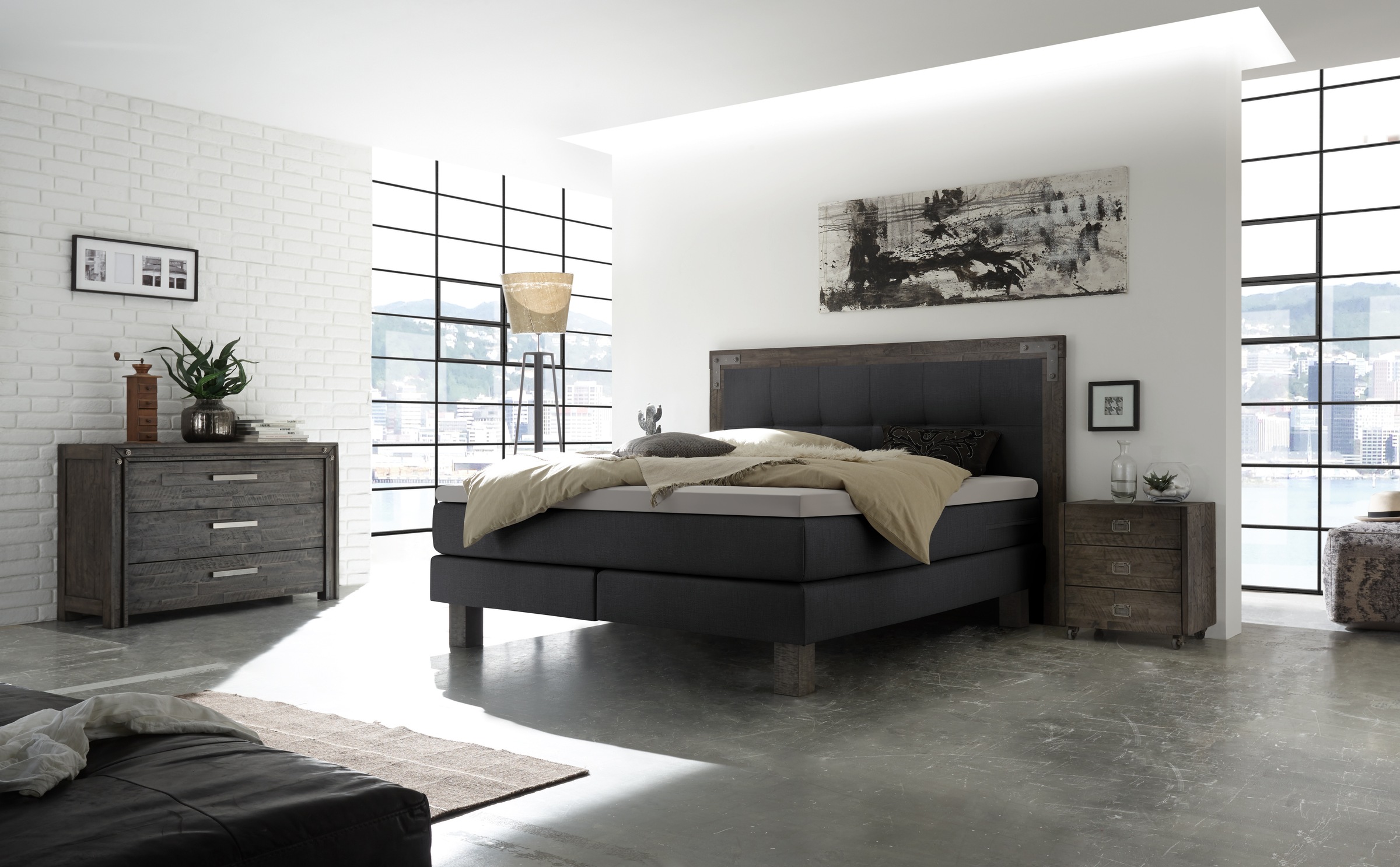 HASENA Boxspringbett Memphis, im Vintagelook, Massivholz-Umrandung, Tonnentaschen-Federkernmatratze