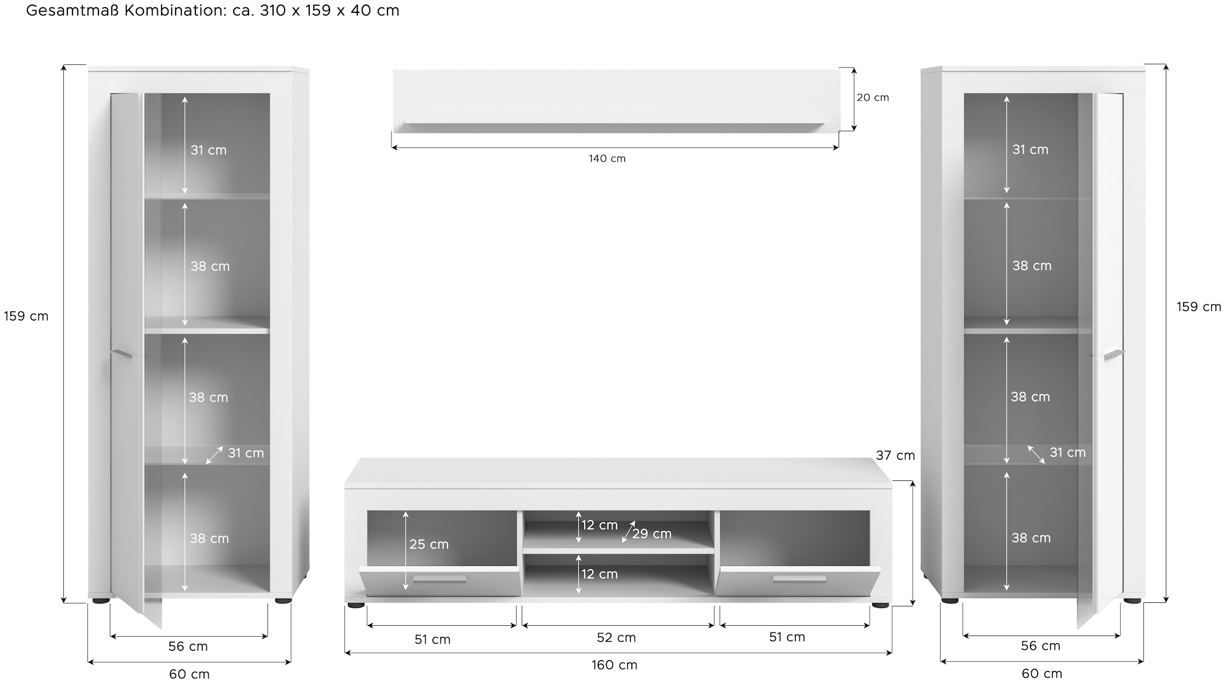 INOSIGN Wohnwand »Aosta, Breite 310cm, best. aus: 2x Vitrine, Lowboard, Wandboard«, Wohnwand, Kombination, Anbauwand, Möbel Set, Schrankwand, Möbel Kombi