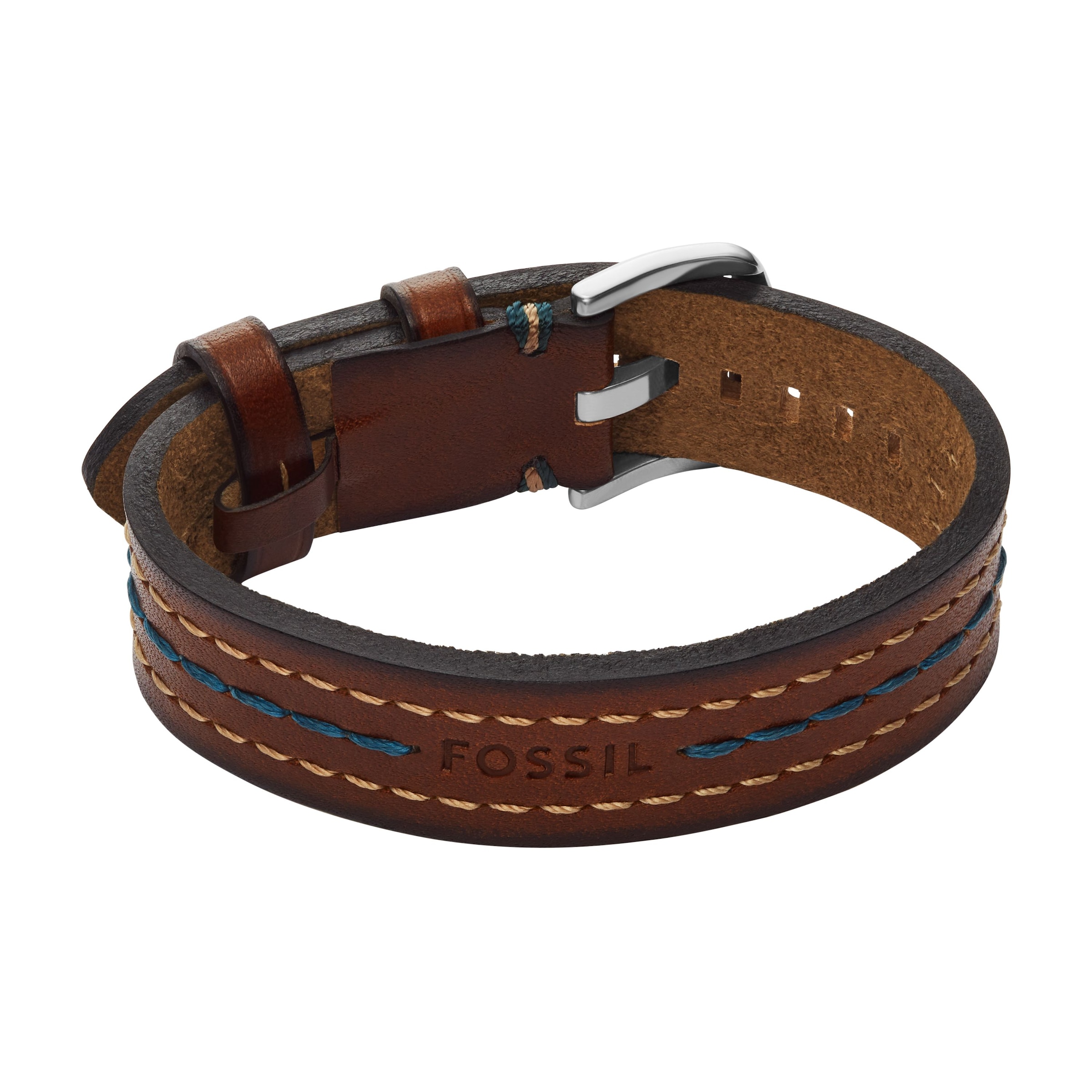 FOSSIL Damen Armband "Schmuck Geschenk Metall, Leder, Textil EVERETT", 26,1cm, Edelstahl Leder Textil, braun, Edelstahl, Leder, Textil, Armbänder