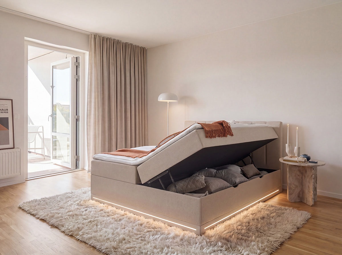 Home affaire Boxbett »WAKKANAI, Polsterbett mit Bettkasten, inkl. Taschfederkernmatratze H3« mit PUR-Schaum-Topper, mit LED-Lichtleiste, LIegefläche 180x200cm