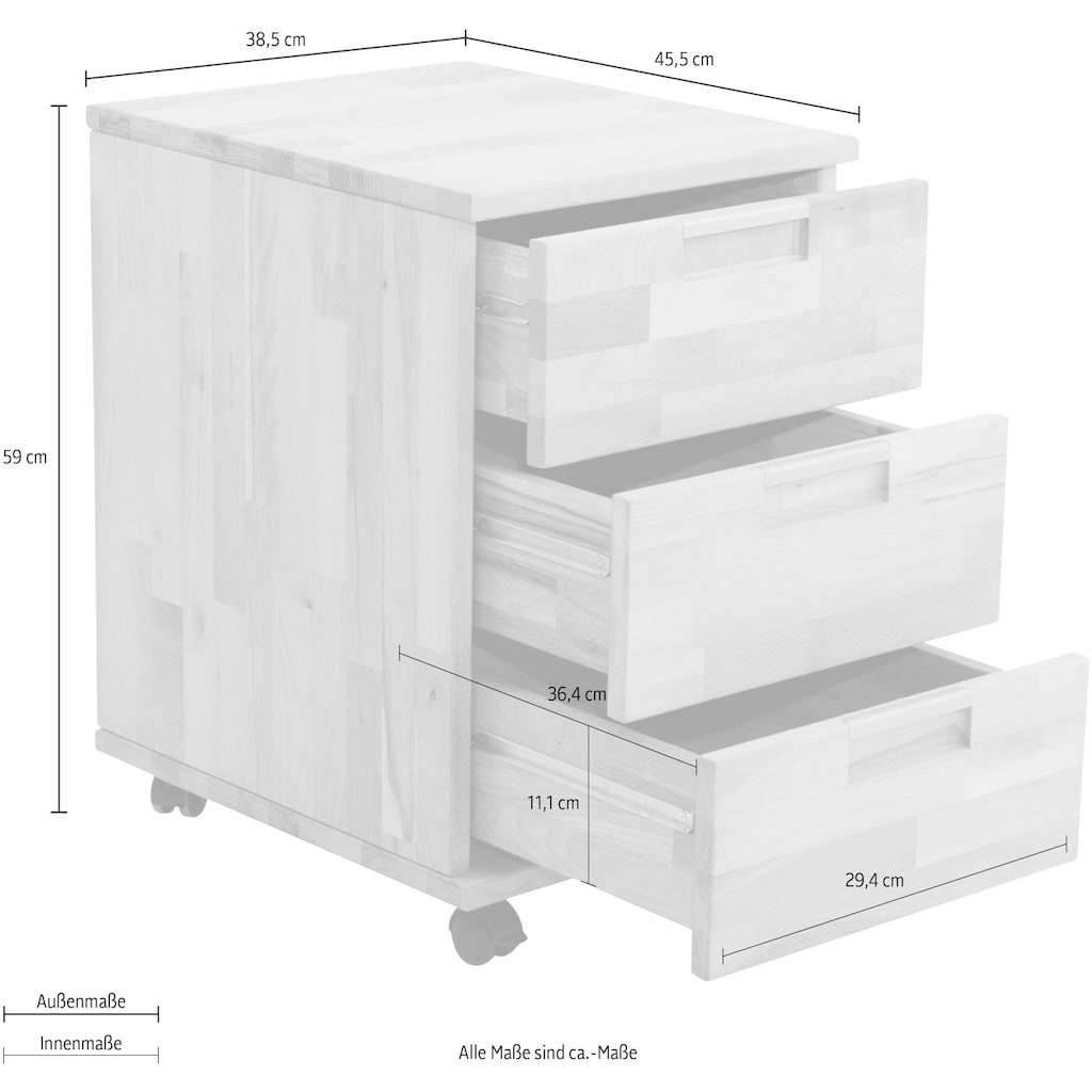 Home affaire Rollcontainer »Robi«, aus massiv geölter Buche, mit 3 Schubladen, Breite 38,5 cm