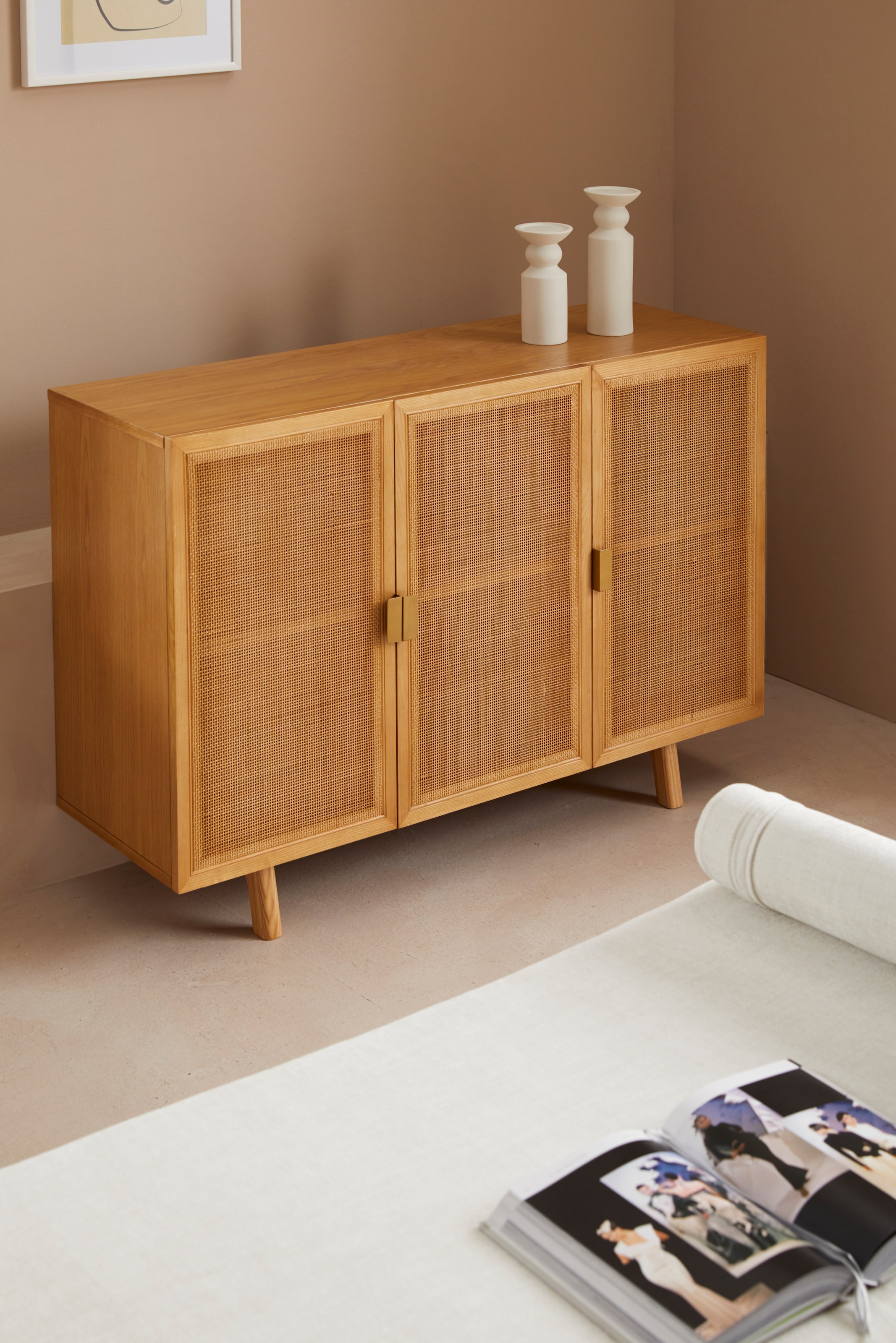 LeGer Home by Lena Gercke Sideboard »Lina«, Mit Rattan Einsatz, 4 Innenfächer, teilmassiv