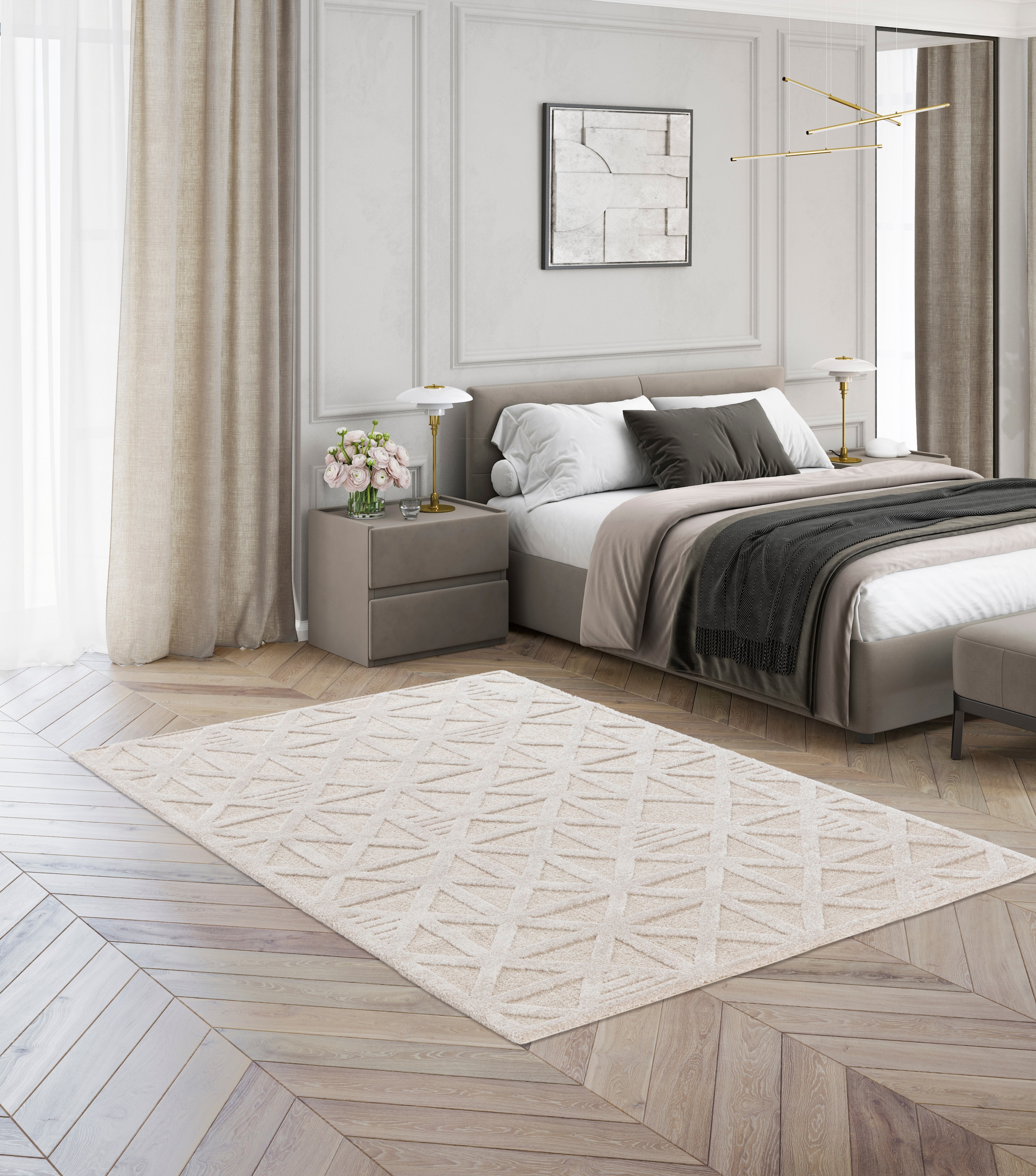 Teppich "COSMO Geo, Made in Belgium", beige (greige), B:200cm H:14mm L:290cm, Polyester, Polypropylen, PRIMAFLOR-IDEEN IN TEXTIL, Teppiche, Teppich, modernes Design, Hoch-Tief Effekt, weicher Flor