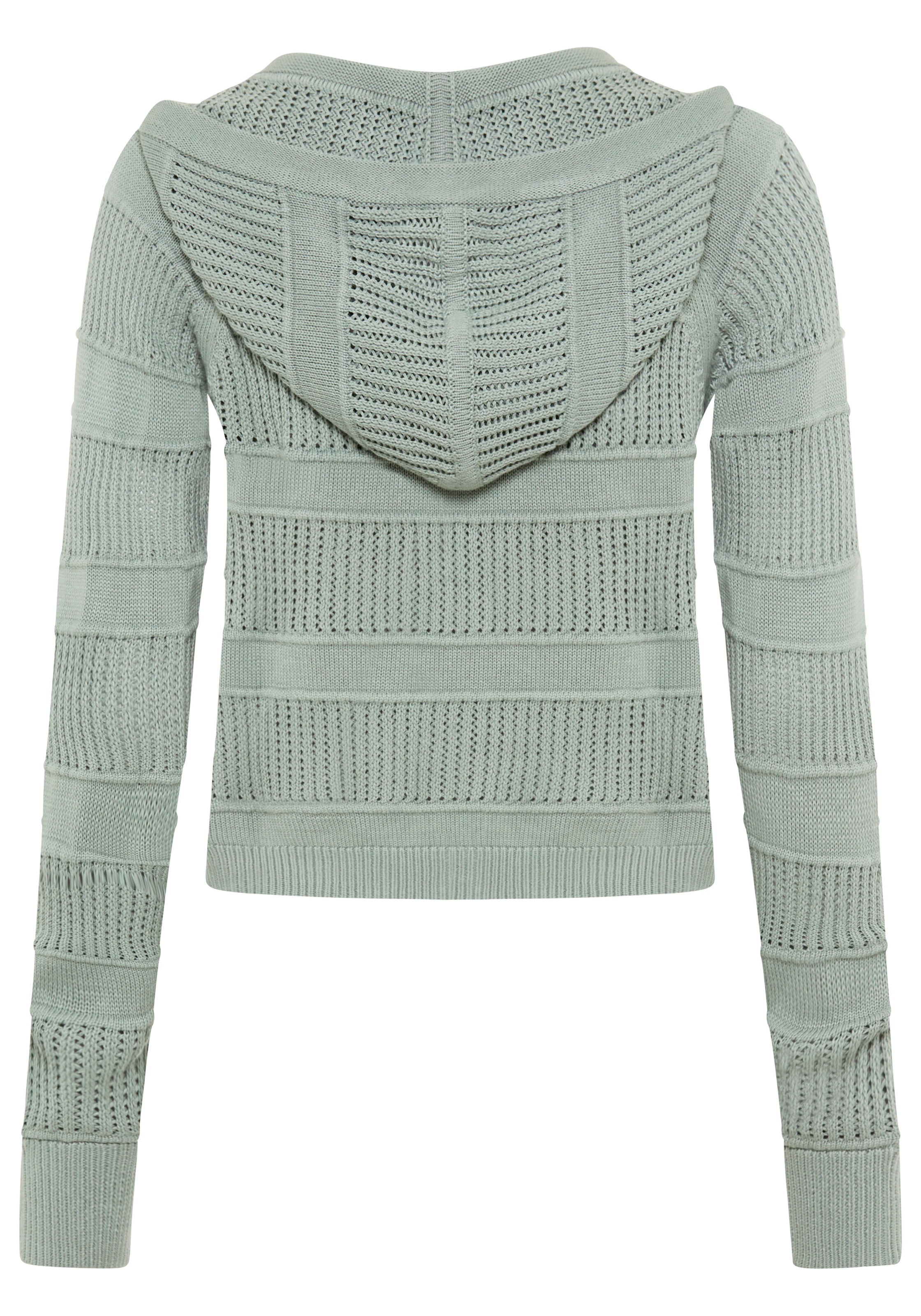 KangaROOS Ajourstrickjacke mit Kapuze, V-Ausschnitt mit Knopfleiste, aus Feinstrick, Langarm