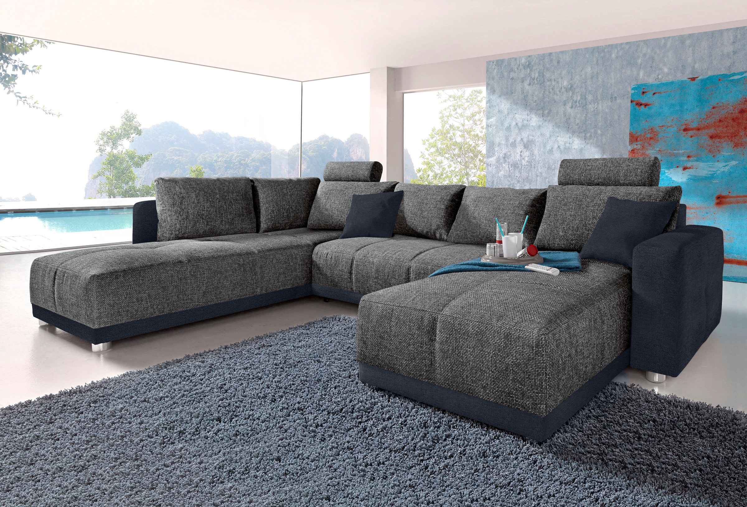 Jockenhöfer Gruppe Wohnlandschaft "Orlando U-Form, B: 337 cm, Liegefl. 135x305 cm" mit Schlaffunktion, Bettkasten, 2 Kopfstützen & 2 Zierkissen,Federkern