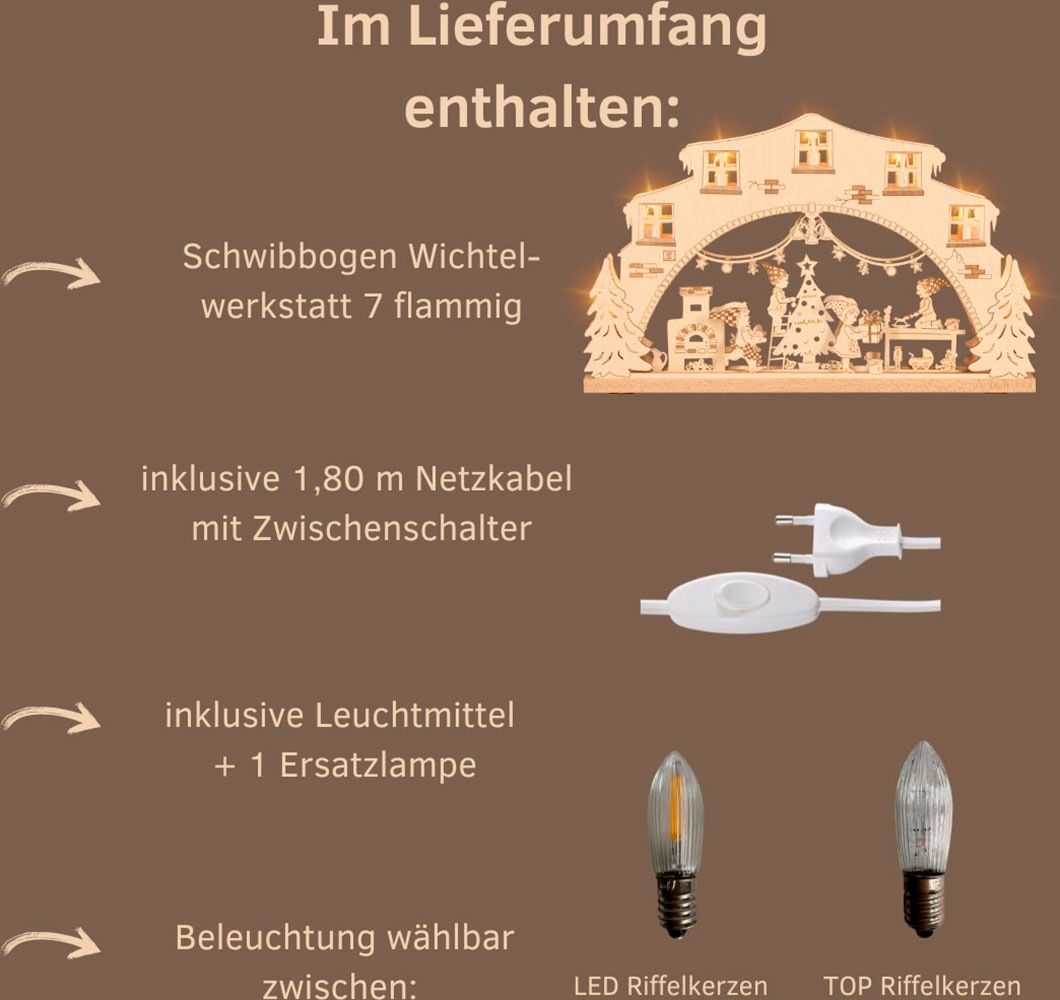Thumbnail - Weigla LED Schwibbogen "Wichtelwerkstatt, Lichterbogen aus Holz, NATUR", Erzgebirge garantiert, Weihnachtsdeko Innen, We...