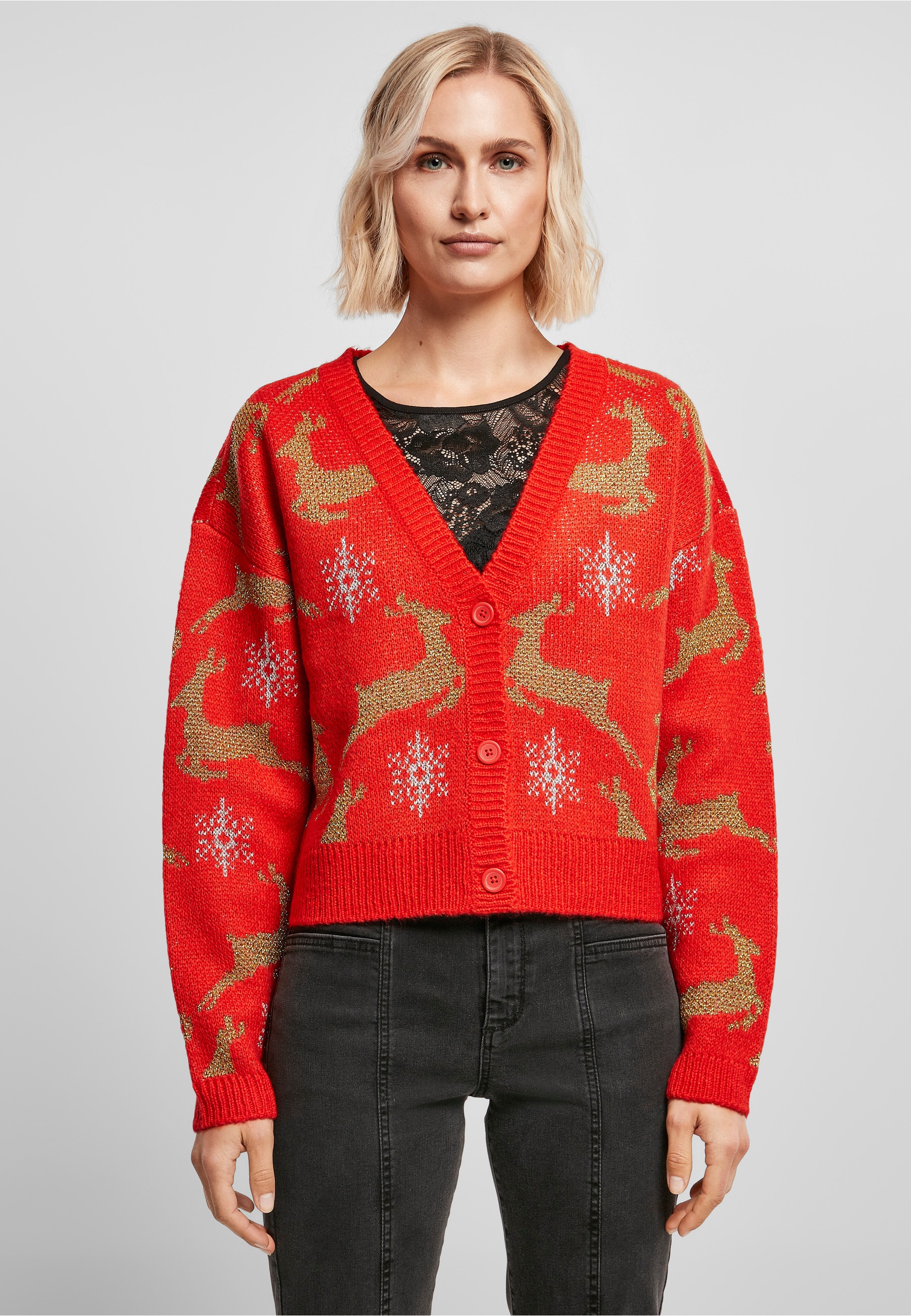 URBAN CLASSICS Cardigan »Urban Classics Damen Ladies Short Oversized Christmas Cardigan« 1 Stk.