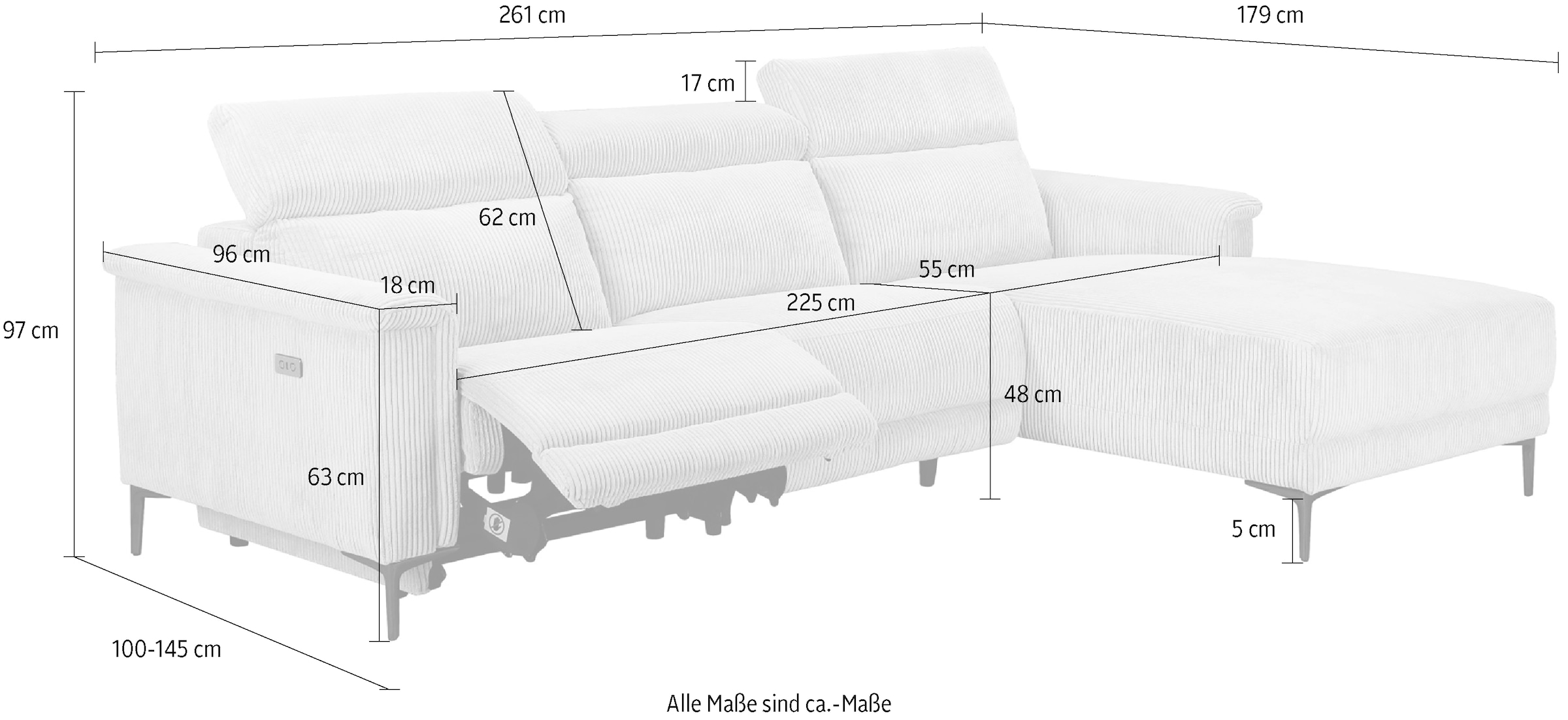 Places of Style Ecksofa »Lund in Cord, L-Form, 261 cm, mit manueller«, o. elektrischer Relaxfunktion, USB, Kopfteilverstellung