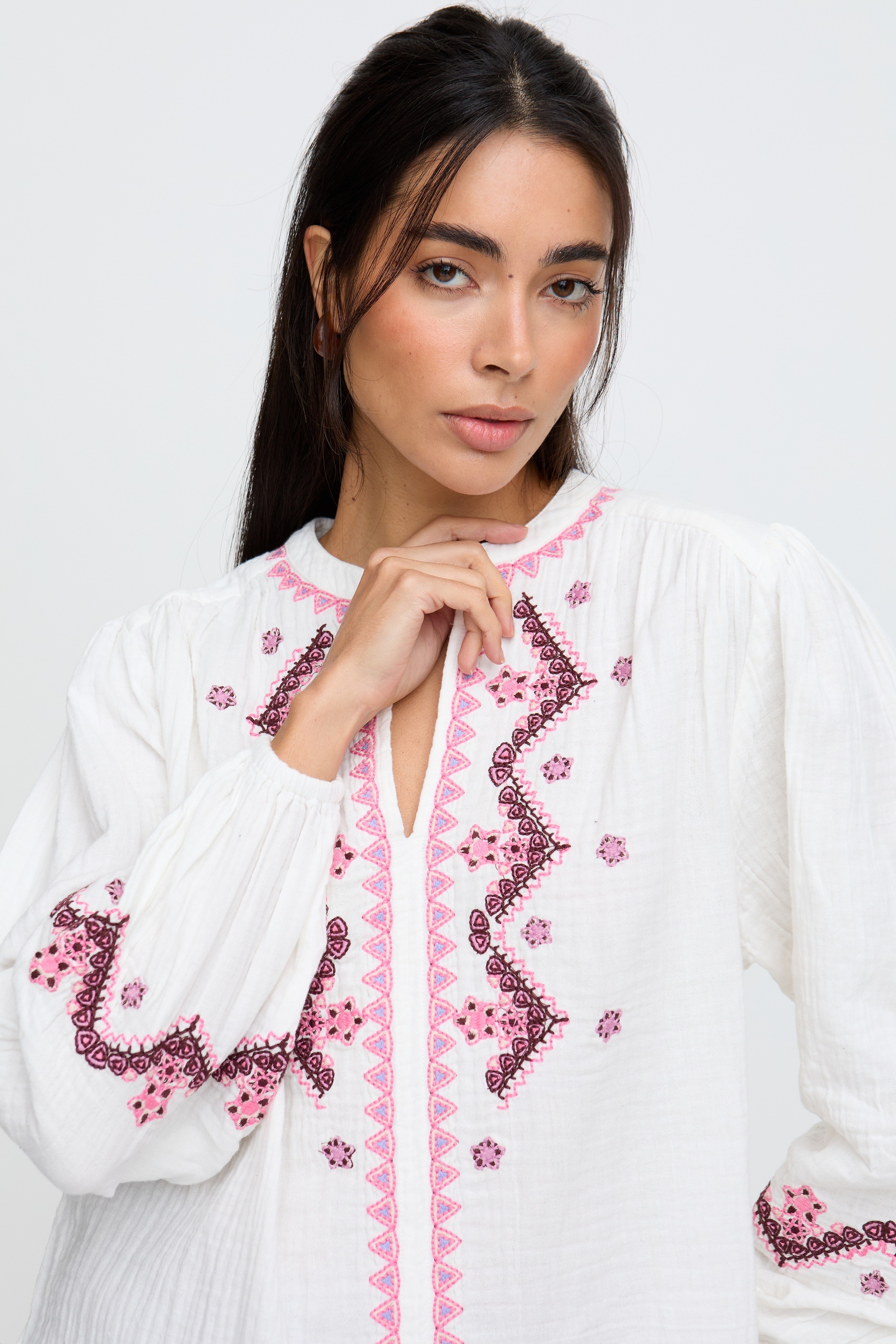 RAFFYA Hemdbluse »Dina V-Neck Embroidered Blouse Damen«