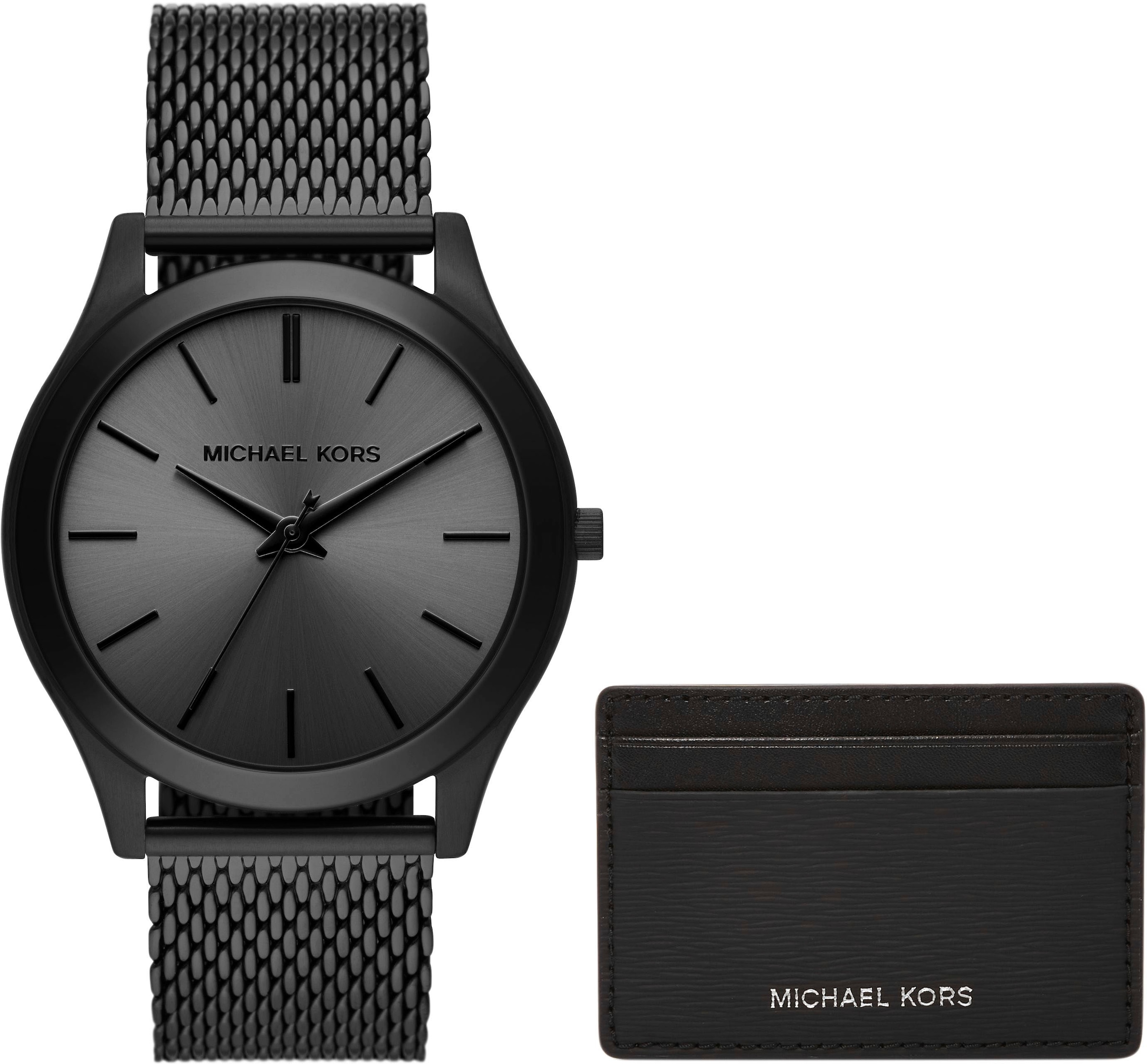 MICHAEL KORS Quarzuhr »RUNWAY, MK1085SET«, (Set, 2 tlg., mit Brieftäschchen), Armbanduhr, Herrenuhr, ideal als Geschenk, Edelstahlarmband