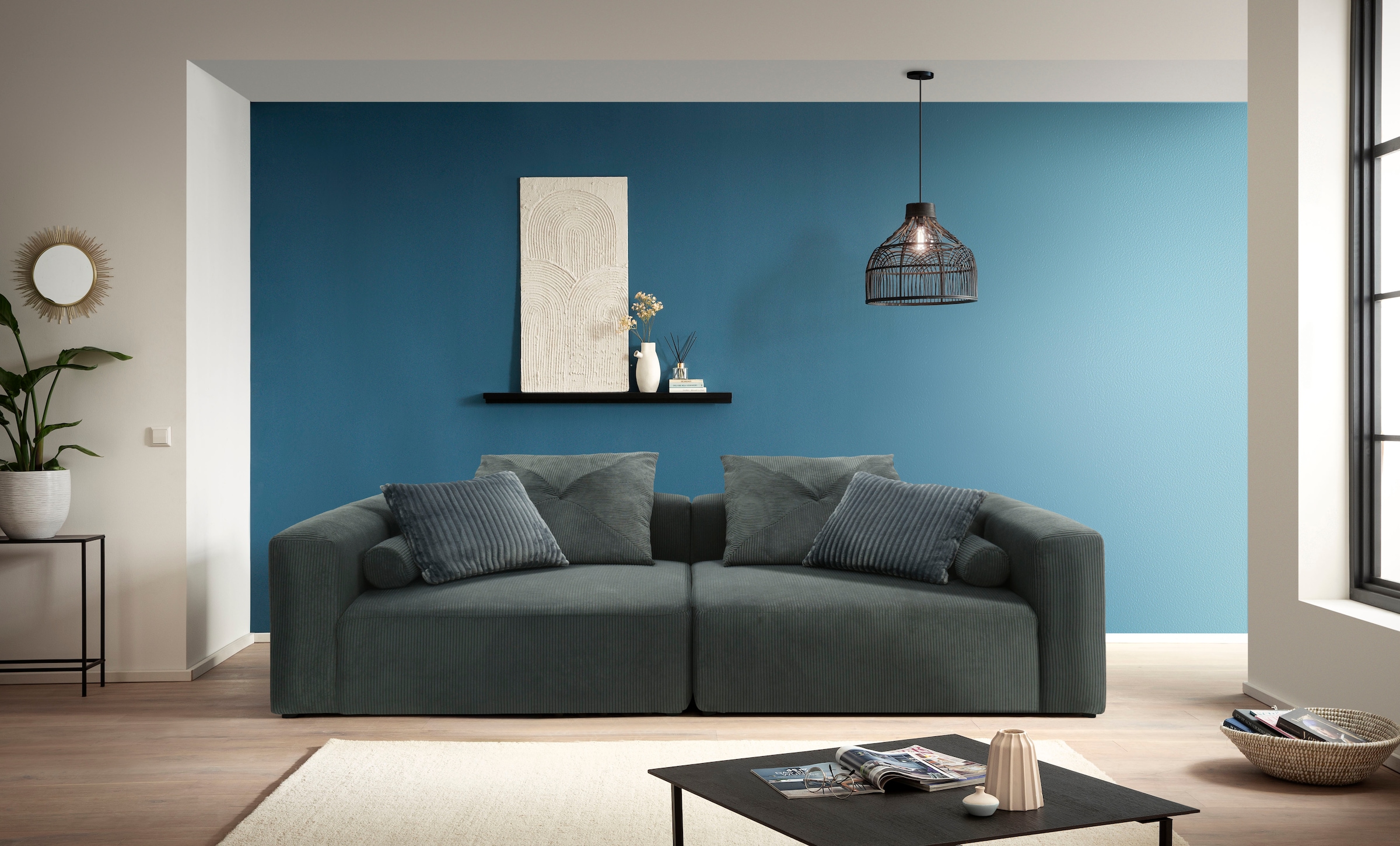 INOSIGN Big-Sofa »Suyana mit Federkern, B/T/H: 304/135/69 cm, Zierkissen + Kissenrollen«, grosszügiges, gemütliches Megasofa, viel Platz zum Relaxen, Cord-Bezug