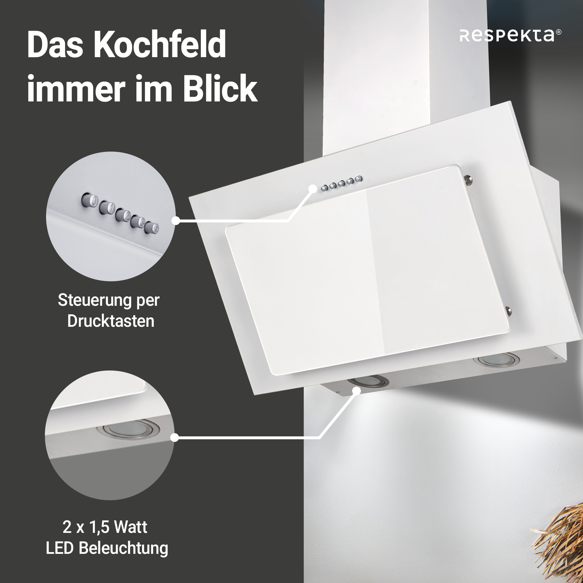 RESPEKTA Kopffreihaube »CH 33060« 60 cm, 3 Leistungsstufen, LED-Beleuchtung, Ab- und Umluftfähig