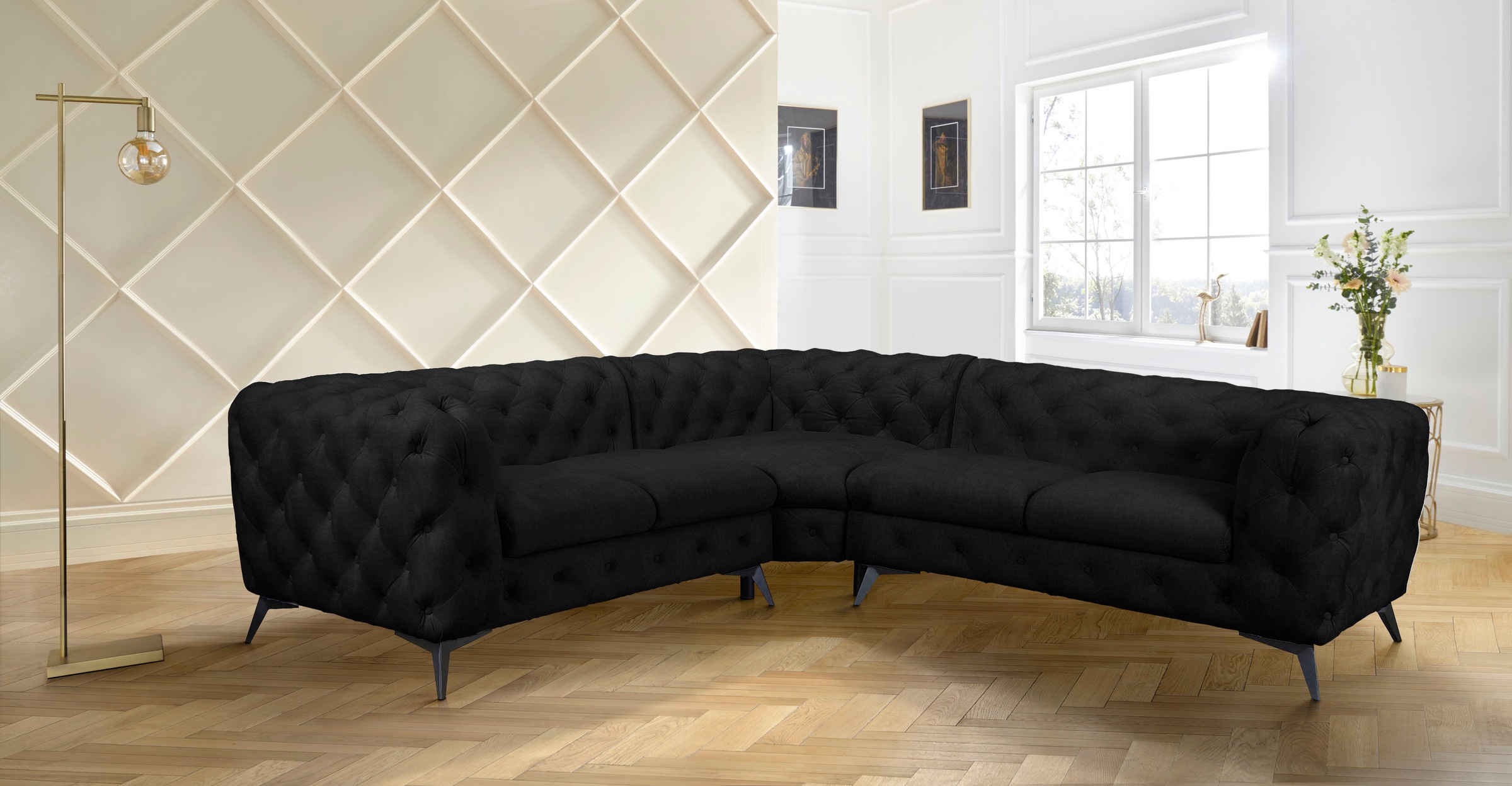 Leonique Chesterfield-Sofa »Ecksofa GLYNIS L-Form mit Wellenunterfederung, Maße B/T/H 264/264/75cm«, aufwändige Knopfheftung, moderne Chesterfield Optik, Fußfarbe wählbar