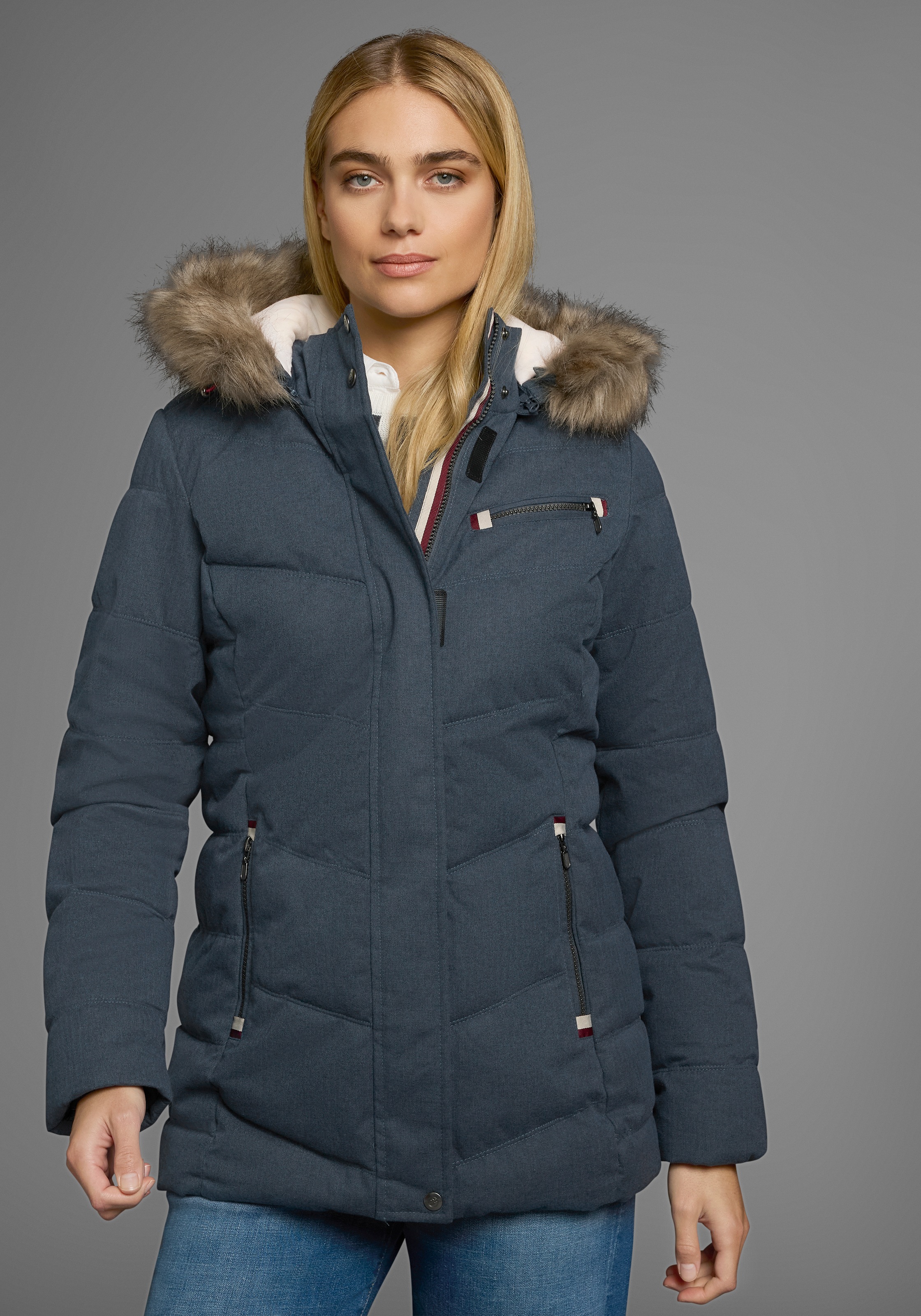 Polarino Steppjacke, mit Kapuze, mit abnehmbarer Kapuze, mit Fellimitat, vi günstig online kaufen