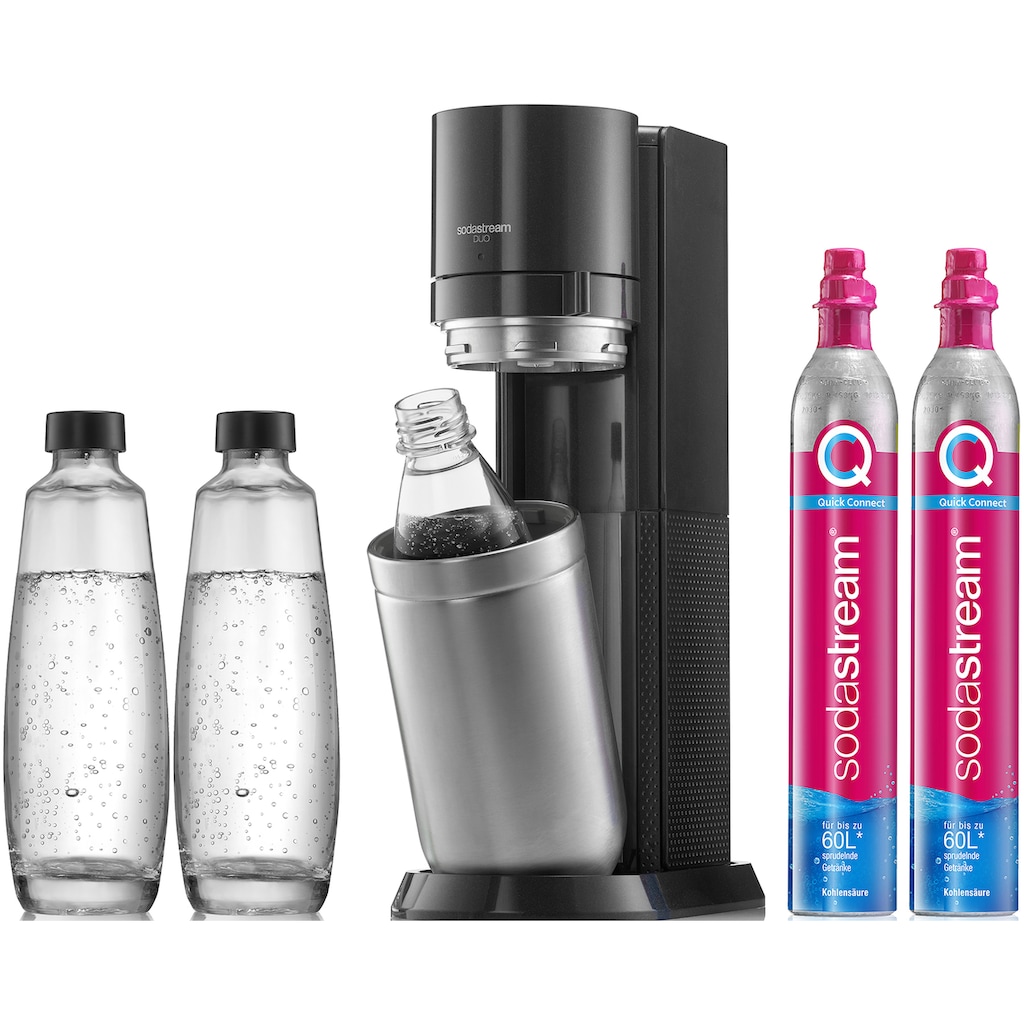 SodaStream Wassersprudler »DUO« Vorteilspack«, (Set, 6 tlg.), 1x SodaStream Wassersprudler DUO (titan), 2x CQC CO2-Zylinder, 2x 1L Glasflasche und 1x 1L spülmaschinenfeste Kunststoff-Flasche