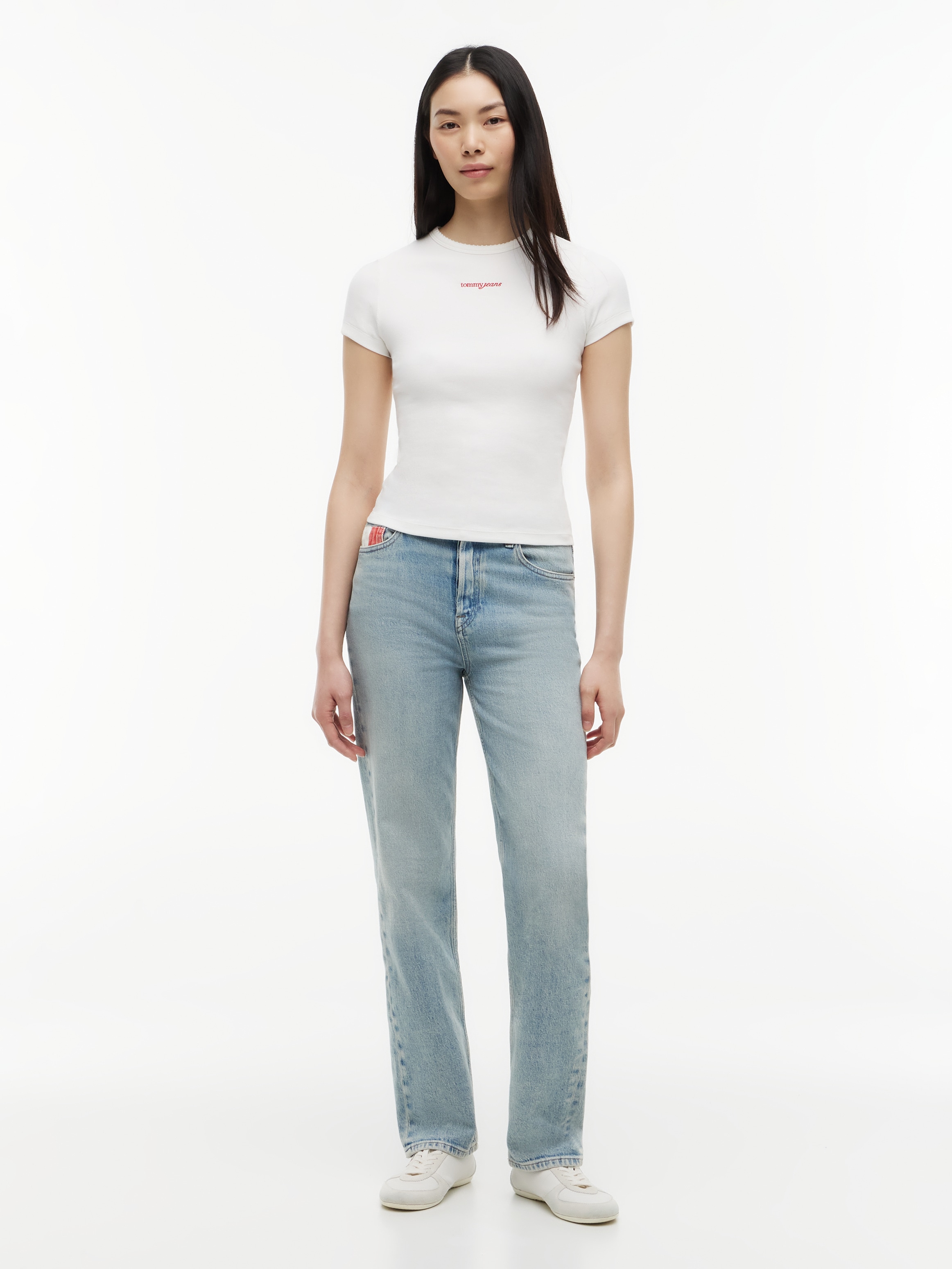 Tommy Jeans Kurzarmshirt »TJW SLIM SCRIPT RIB SS TEE« Baumwollmischung, slim fit, in gerippter Struktur