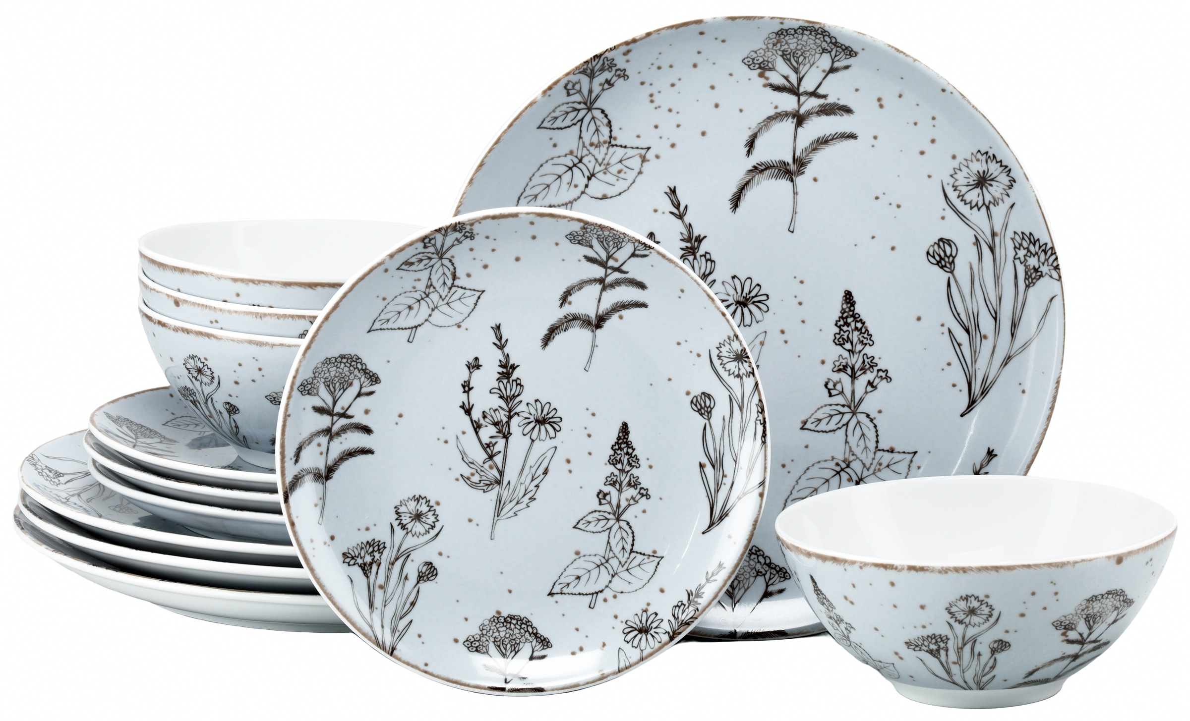 CREATABLE Teller-Set "Vintage Flower, Tellerset 12-tlg.", 12stein, Geschirr-Sets, Farbglasur mit Sprenkeln, Rustikaler Vintage Look