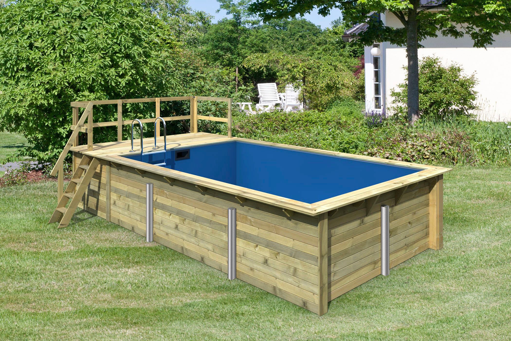 Karibu Rechteckpool »Malta A BxLxH: 353x530x124 cm mit Sonnendeck«, (Set, 7 tlg.), 44 mm starke kesseldruckimprägnierte Holzbohlen aus Fichtenholz