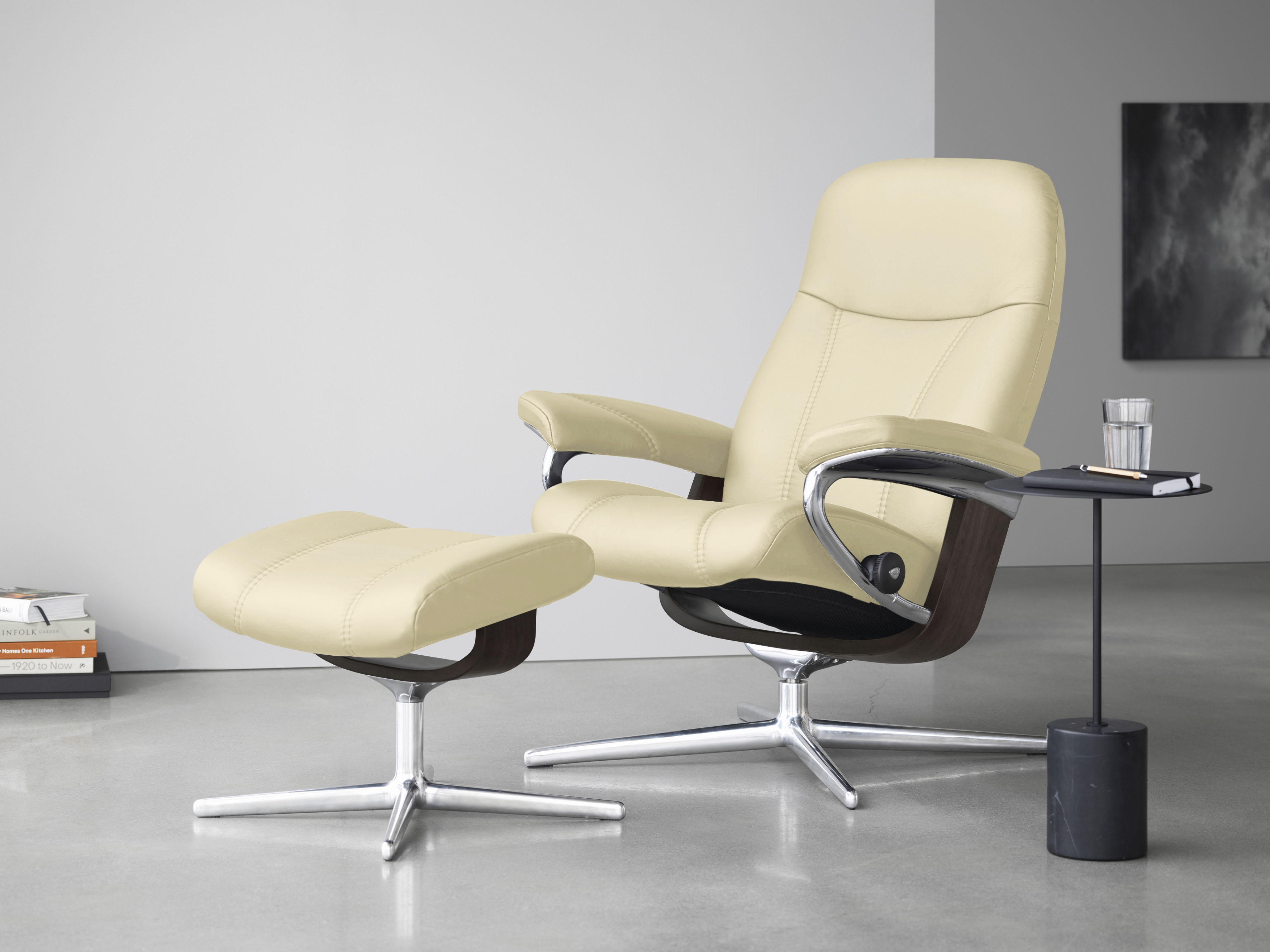 Stressless Relaxsessel "Consul" Set, Relaxsessel mit Hocker, mit Hocker, mit Cross Base, Größe S, M & L, Holzakzent Wenge