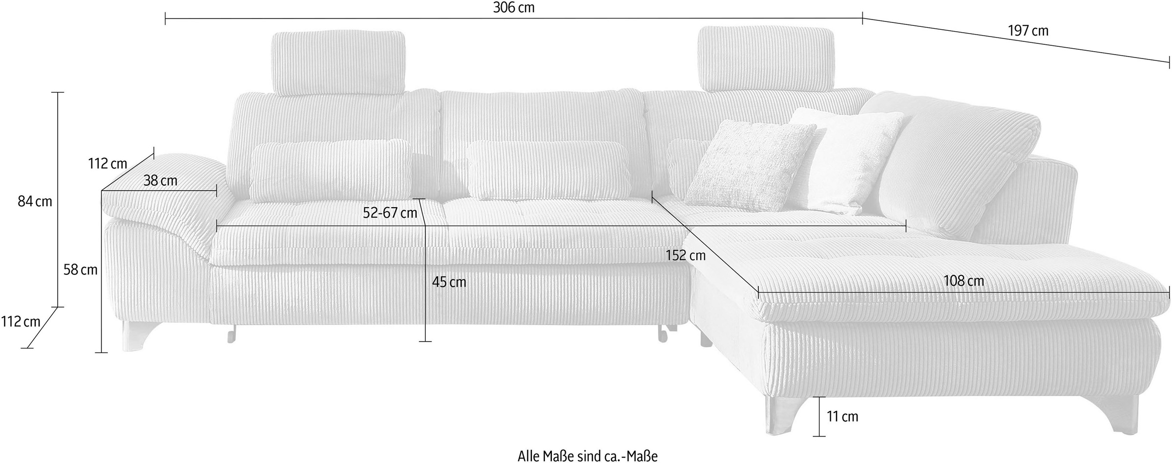 Die PlanBar Ecksofa »MP-IN14007 L-Form«, wahlweise mit Bettfunktion und verstellbaren Kopfstützen, in Cord