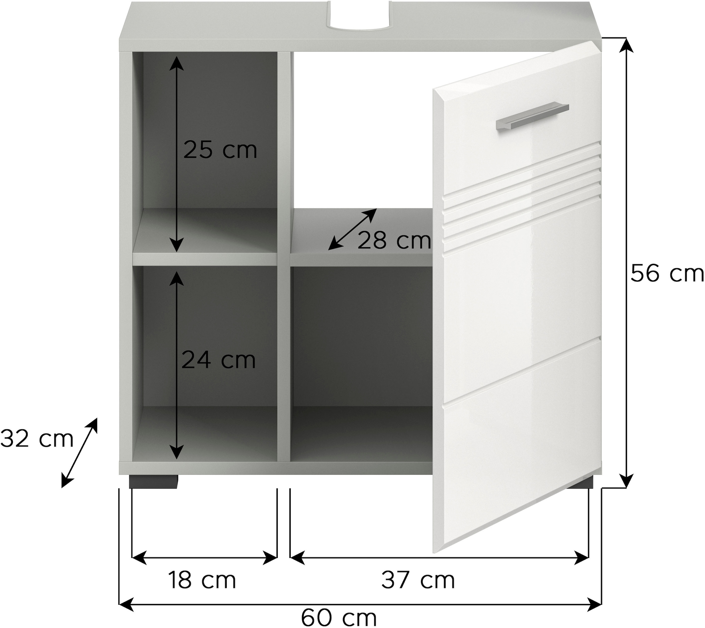 welltime Waschbeckenunterschrank »Calcio, Breite 60 cm, 1 Türen, 2 Einlegeböden, 2 offene Fächer«, geteilte Rückwand, MDF Front, Badschrank, Bad-Möbel, Badezimmer