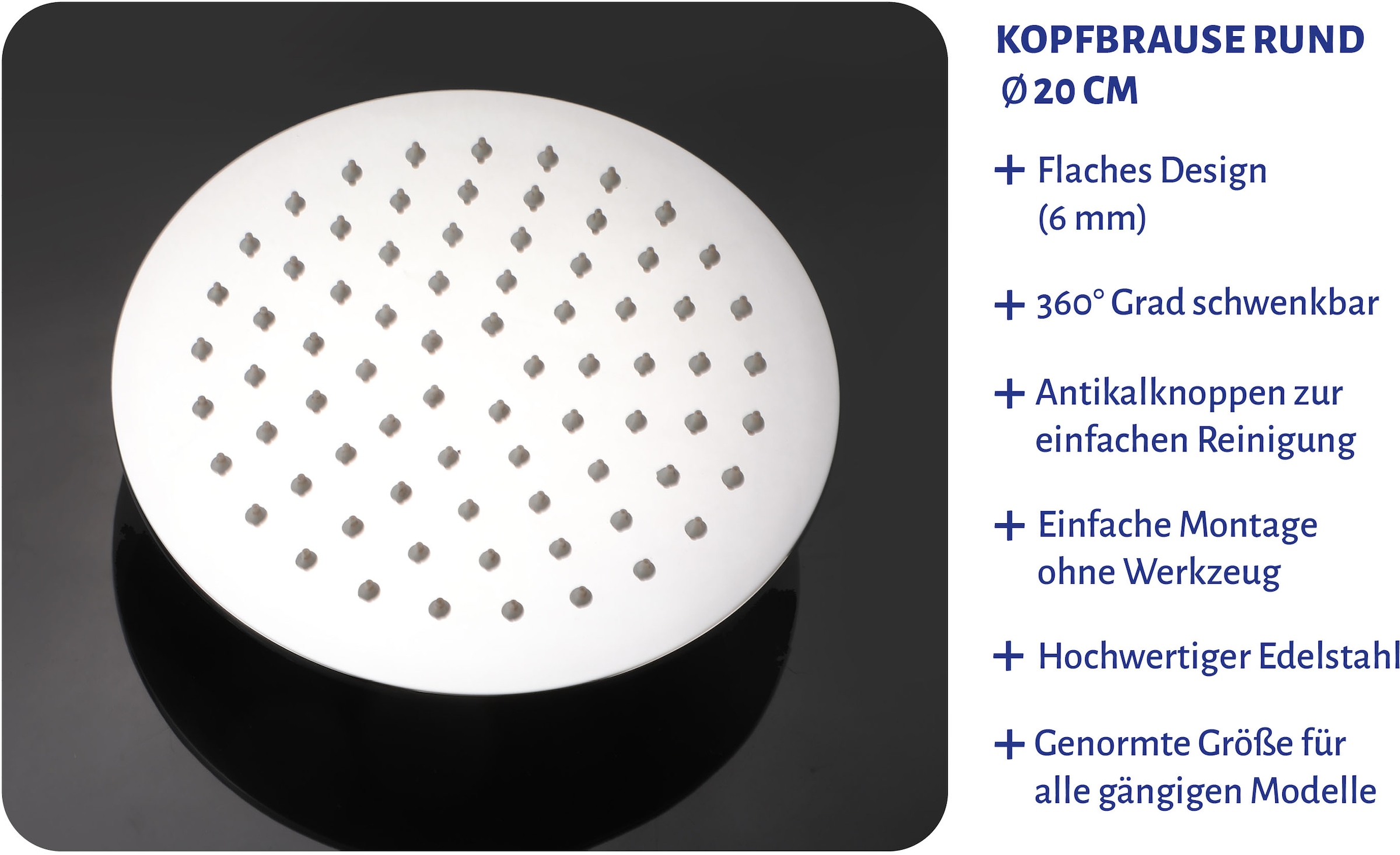 Marwell Regenduschkopf, 20 cm Regendusche aus Edelstahl mit 1 Strahlart