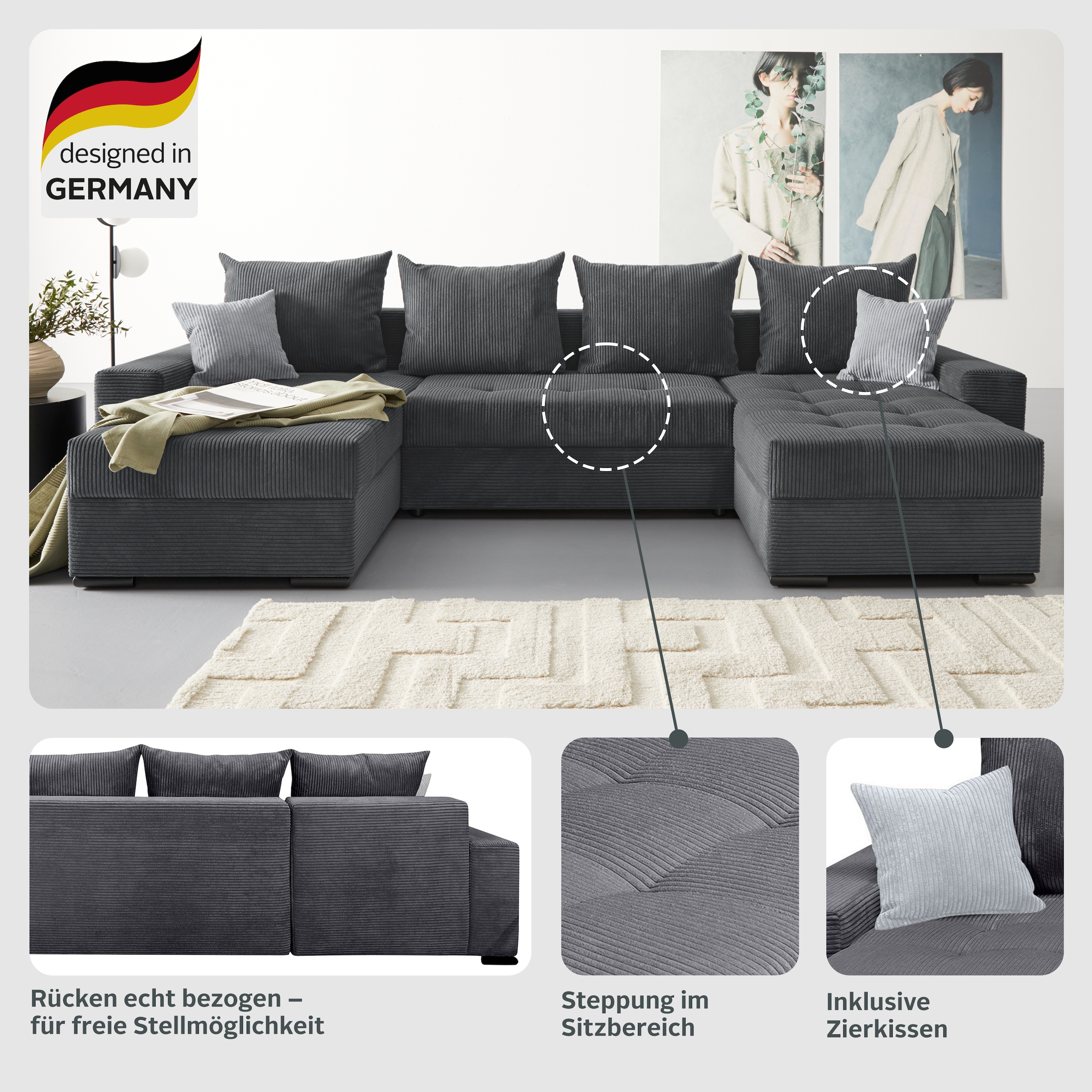 COLLECTION AB Wohnlandschaft »Josy U-Form«, mit Schlaffunktion, Bettkasten und Zierkissen, mit 2 Recamieren