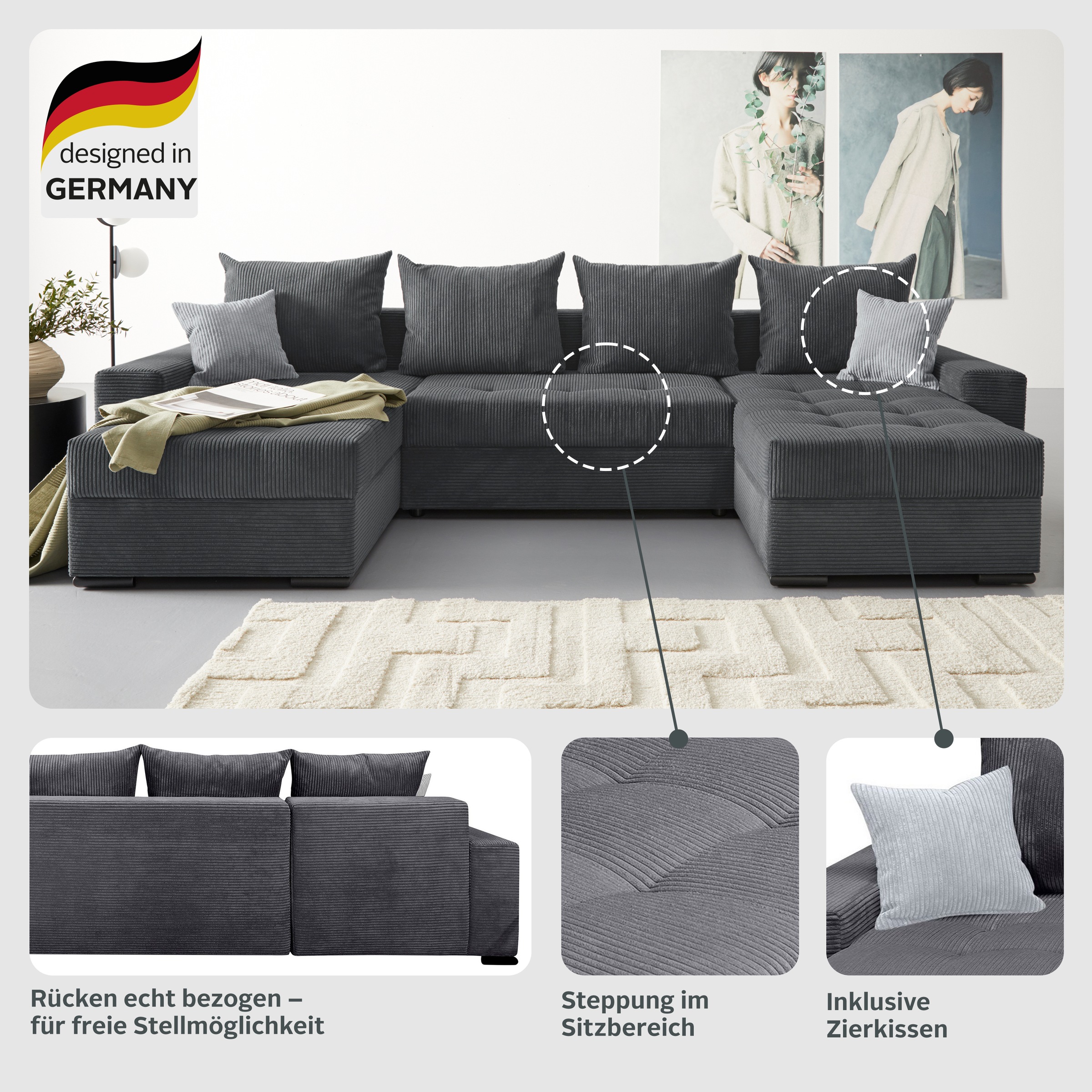 Thumbnail - COLLECTION AB Wohnlandschaft "Josy XL U-Form, B: 313 cm in Cord, Cord-Mix" inkl. Bettfunktion, Bettkasten, mit 4 gleich ...