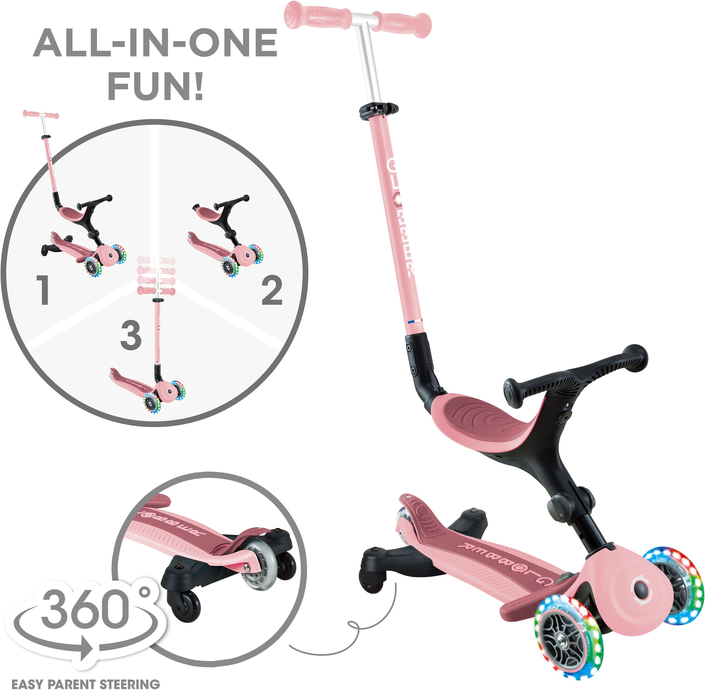 Globber Tretroller »GO-UP ACTIVE LIGHTS 360, mit Leuchtrollen« Aufsitzrad, Laufrad und Scooter