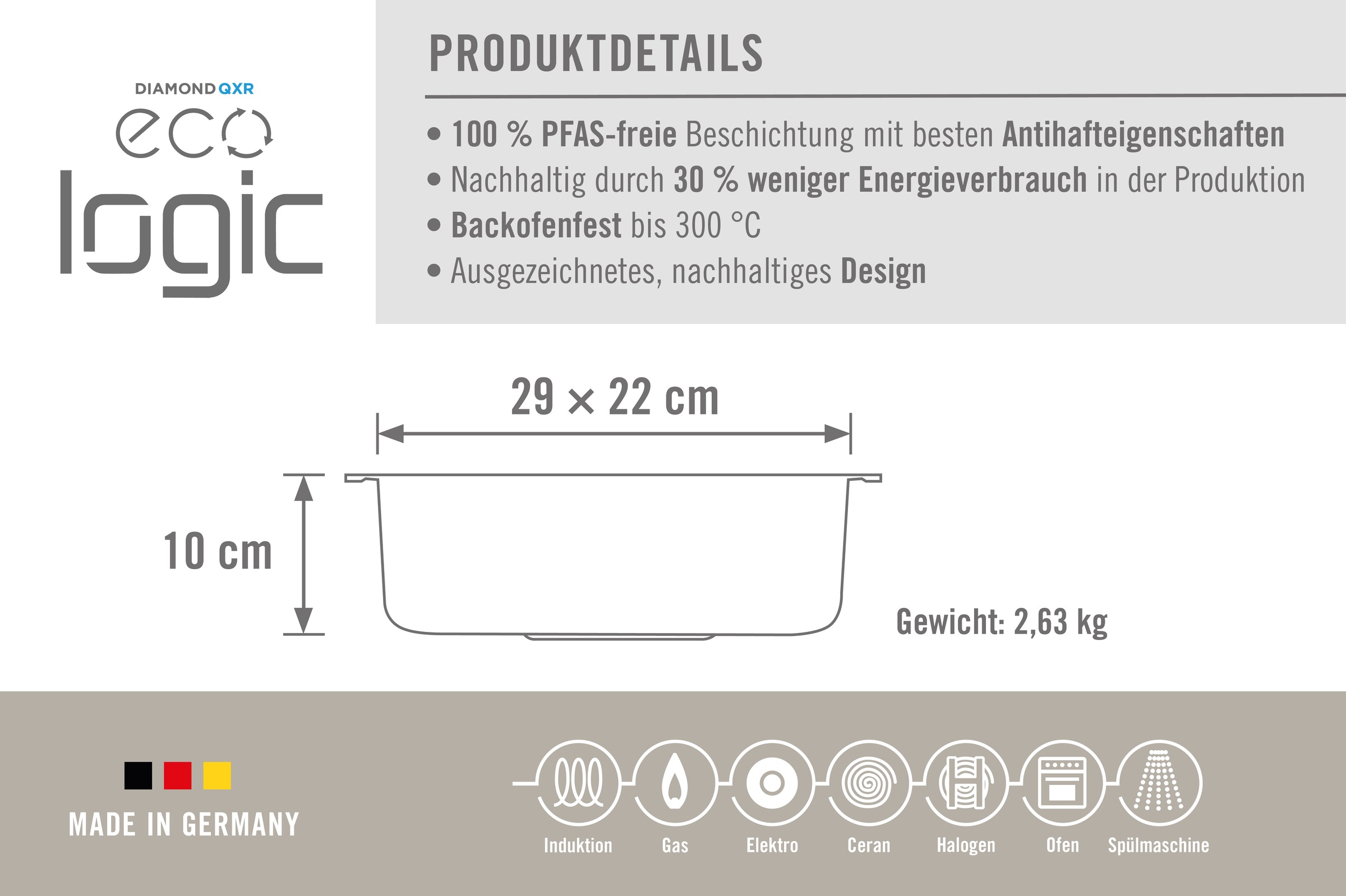 WOLL MADE IN GERMANY Bräter »Eco Logic QXR, mit Deckel und Silikongriffen«, Aluminiumguss, (4 tlg.), PFAS-freie Diamond-QXR - Beschichtung