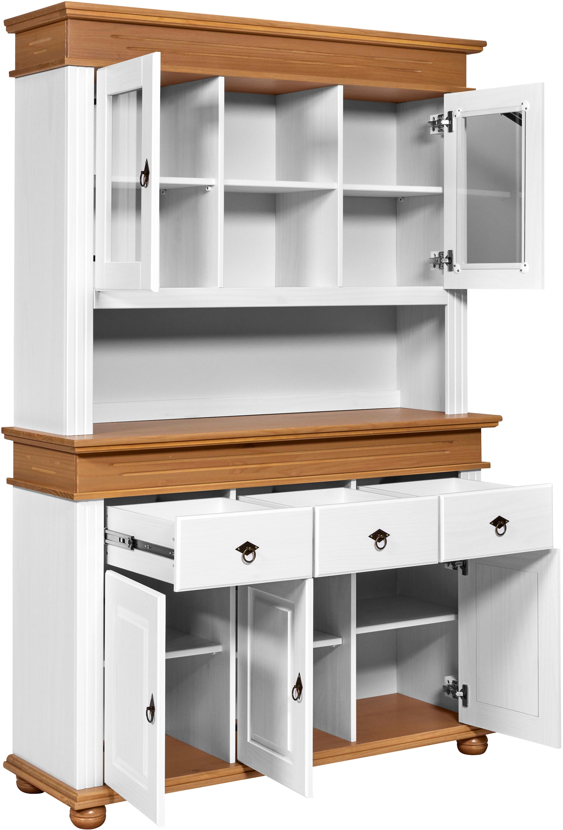 Inter Link Buffet »Halmaro, Kiefer Massivholz, Weiss/Braun-Oak, 141 x 46,30 x 213 cm« 1 Stk. tlg. Vitrine im Laudhausstil, Küchenschrank mit Glastüren, viel Stauraum