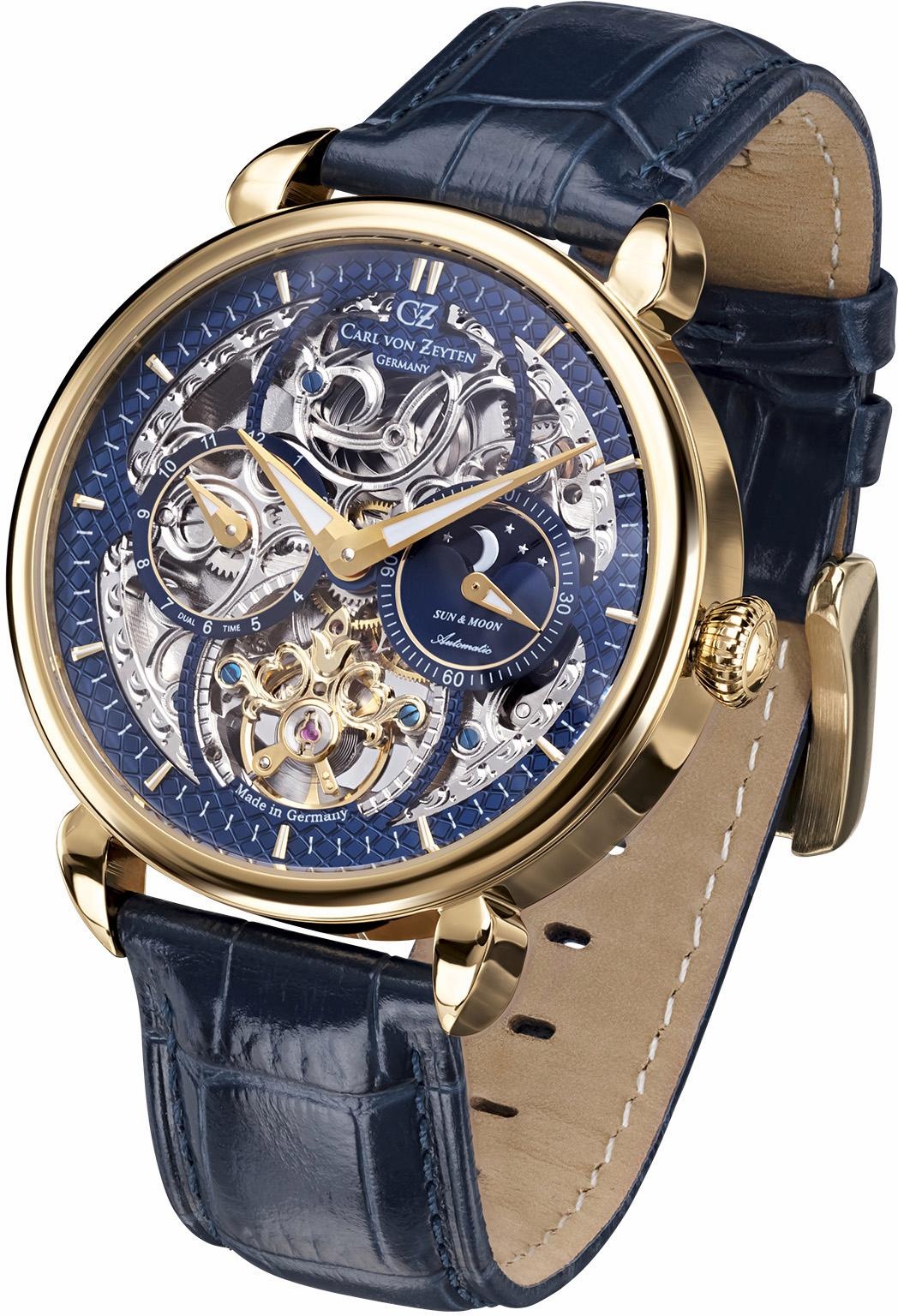 Carl von Zeyten Automatikuhr »Neukirch, CVZ0005GBL«, Armbanduhr, Herrenuhr, Saphirglas, Mechanische Uhr, Mondphase