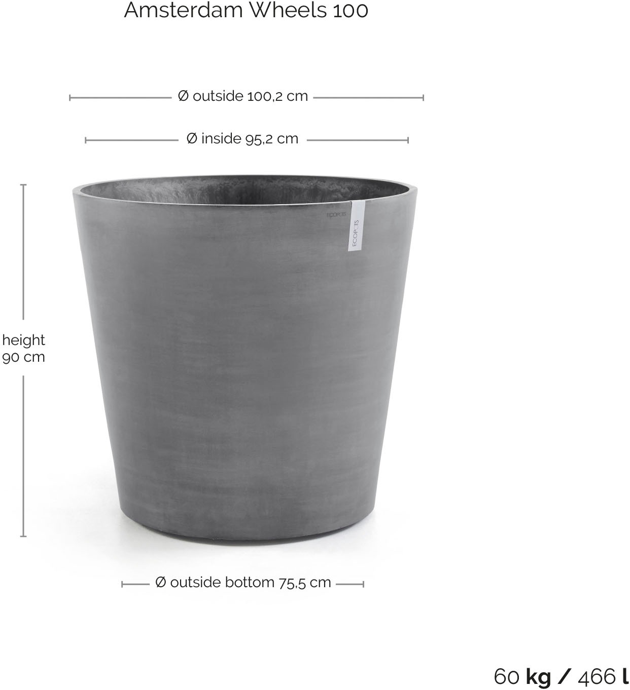 ECOPOTS Blumentopf »Amsterdam mit Rollen 100 Grau« für innen und außen: frostsicher, bruchsicher und lichtbeständig