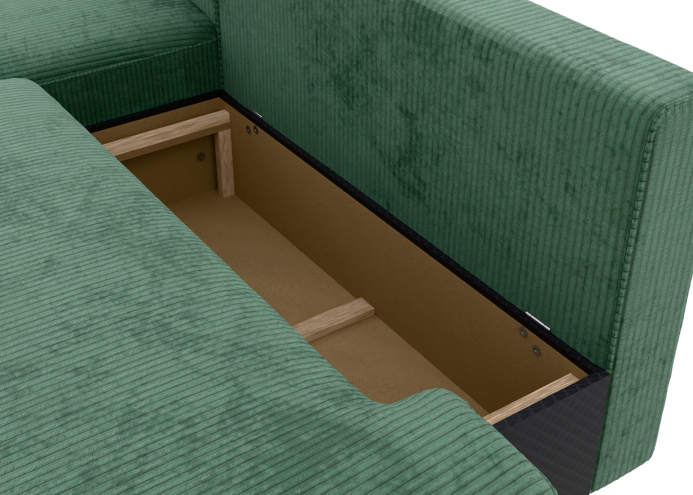 TRENDMANUFAKTUR Ecksofa »Fordon II, Schlafsofa mit Bettkasten, Couch in L-Form, Breite 250 cm«, in Cordstoff HYPER, dunkelgrün, Armlehne links