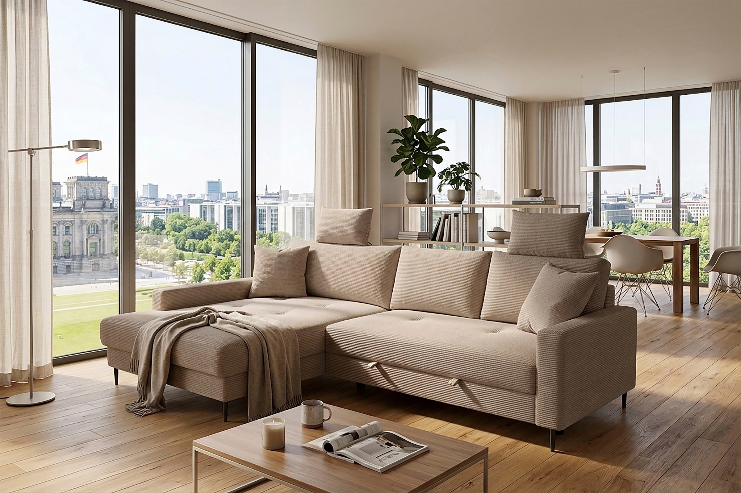 Trends by HG Ecksofa "Summer L-Form, B: 284 cm, Schlaffunktion, 2 Zierkissen" mit Kopfstützen, Wellenfederung, frei stellbar