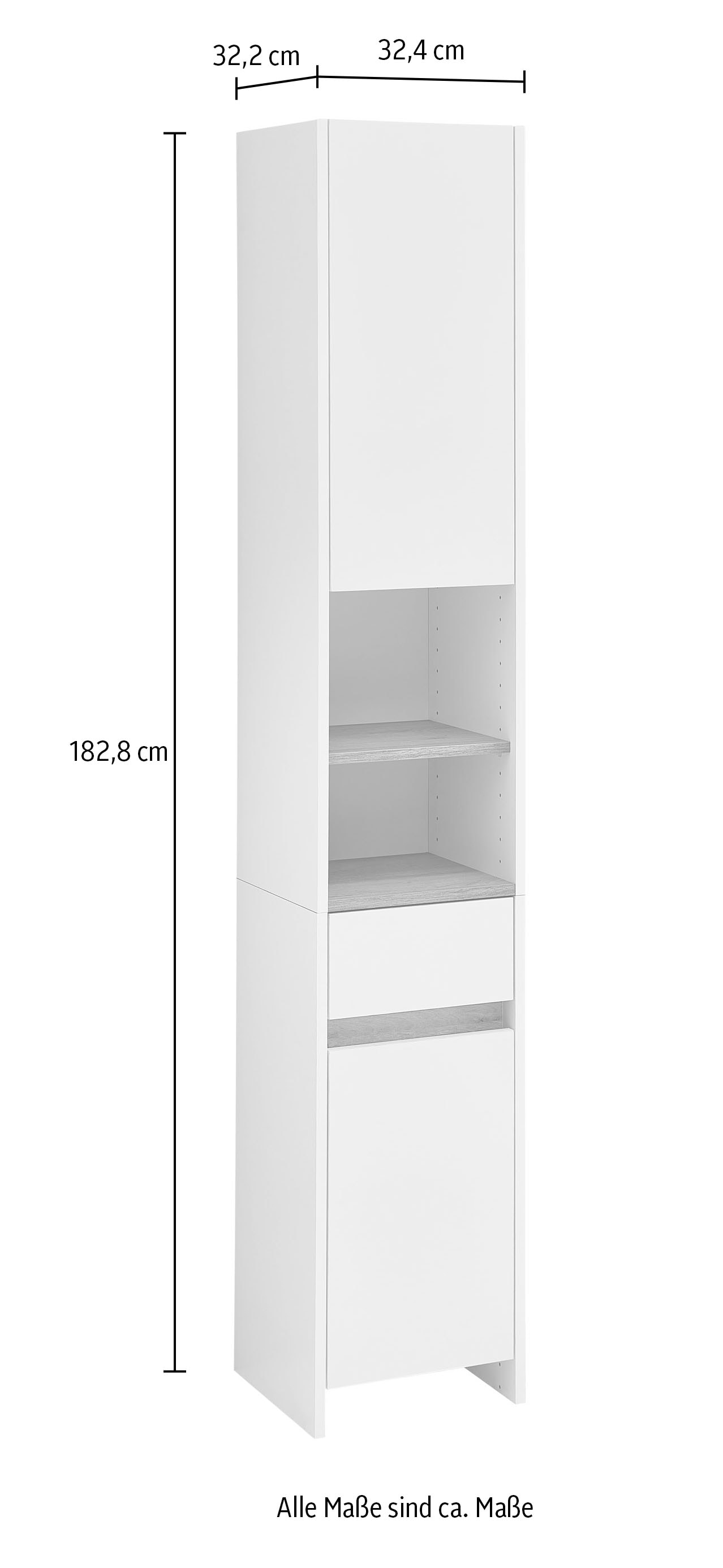 Saphir Hochschrank »Hochschrank Quickset 100, Badschrank 32,4 cm, 2 Türen und 1 Schublade«, 3 Einlegeböden, 2 offene Fächer, Badezimmer-Hochschrank, Akzentfuge