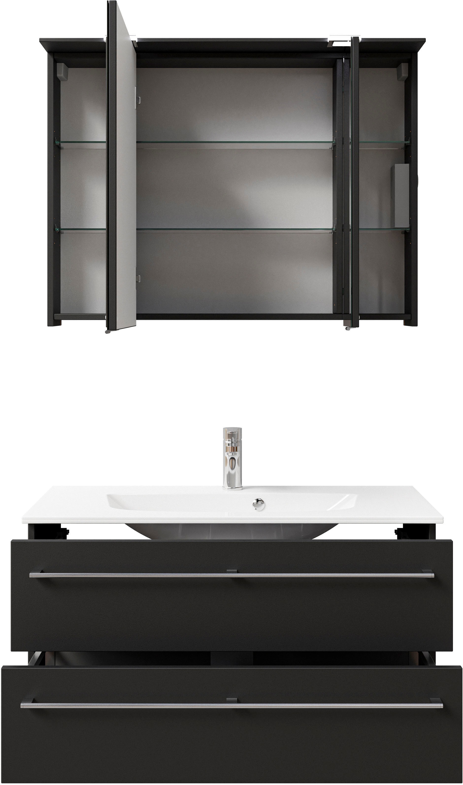 Saphir Badmöbel-Set »Serie 6025 2-teilig Mineralmarmor-Waschtisch mit LED-Spiegelschrank«, (2 St.), Waschplatz 97 cm breit, 2 Schubladen, 3 Spiegel-Türen, inkl Türdämpfer