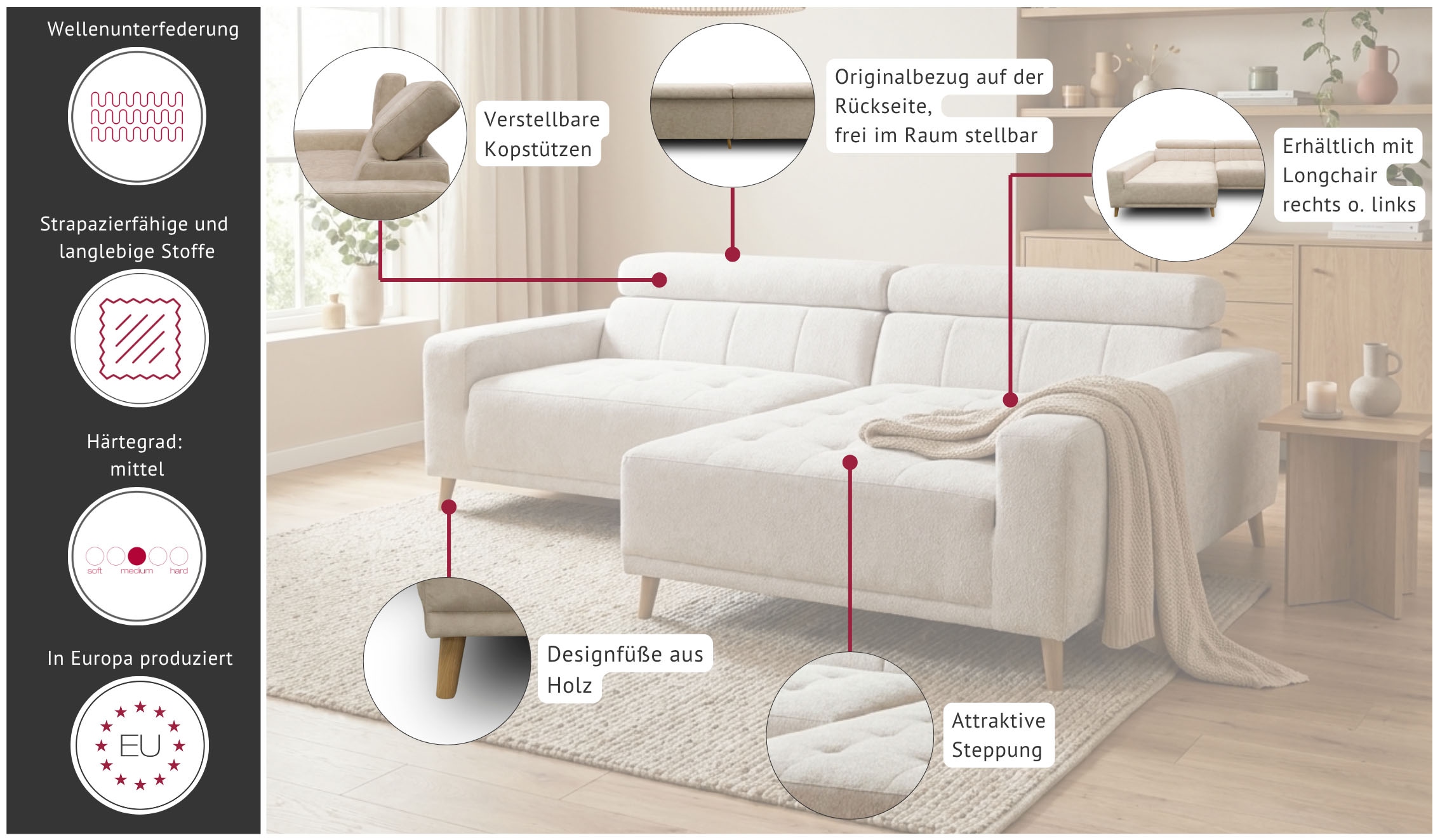 OTTO home Ecksofa »Greevy 248 x 172 cm mit Steppungen, für gängige Saugroboter geeignet« Kopfteile verstellbar, aus pflegeleichtem, weichem Luxus-Microfaser