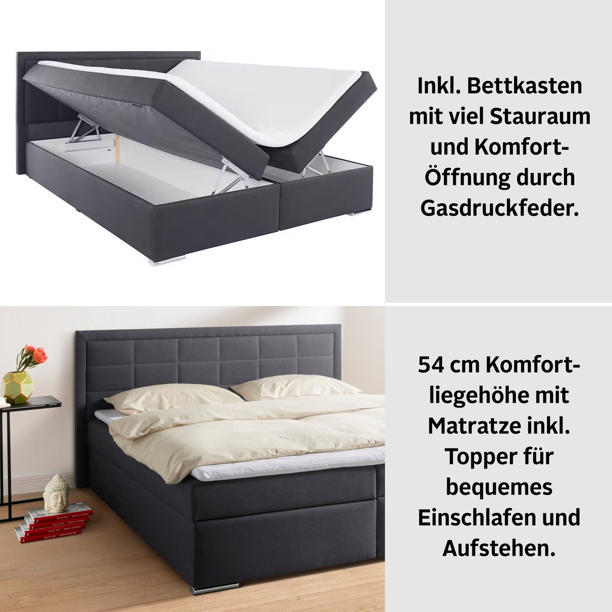 Boxbett Athena, wahlweise mit Bettkasten inkl. Topper bei Ausführung mit Matzratze, in Härtgraden H2, H3, H4