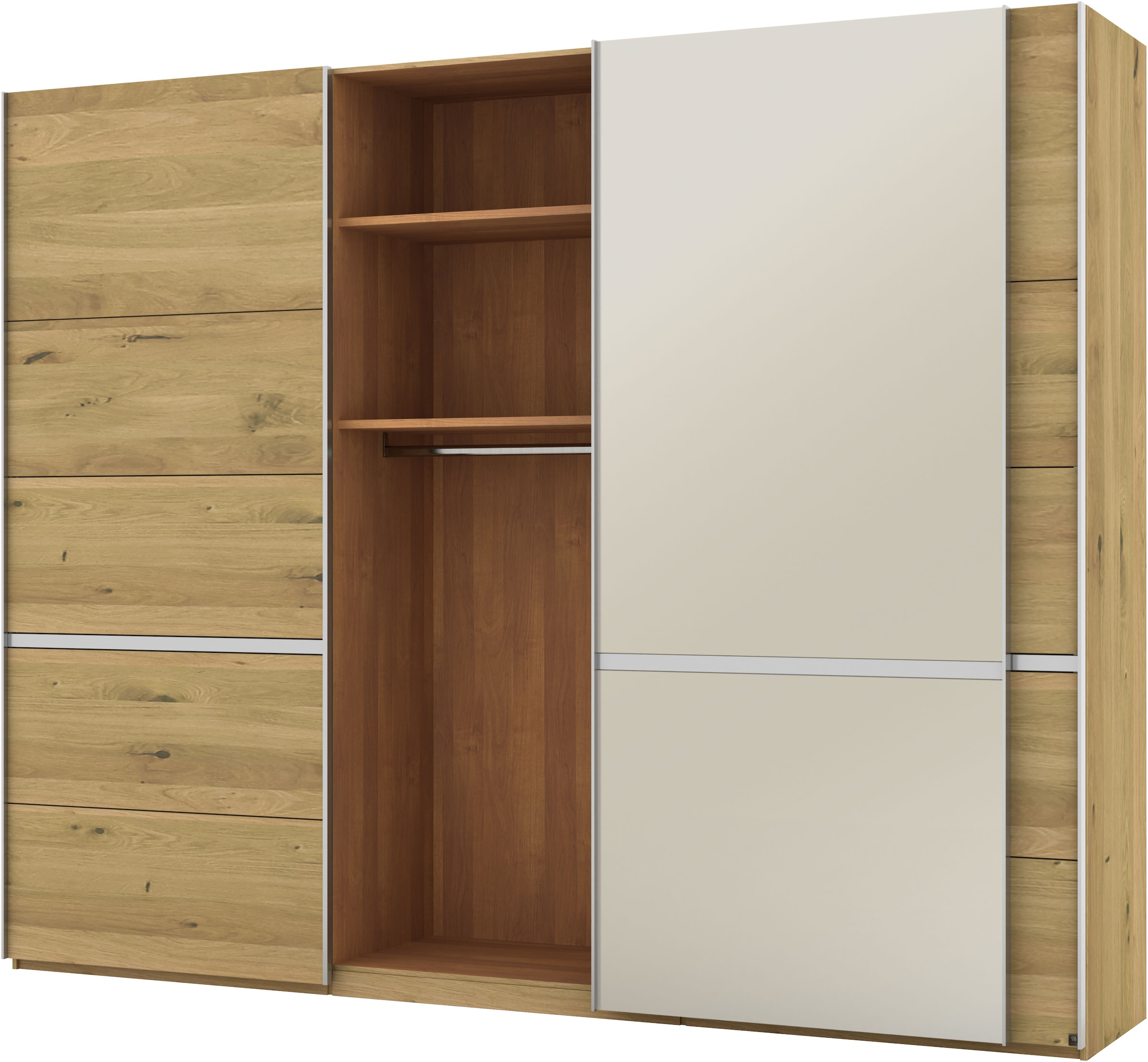 Musterring Schwebetürenschrank »Savona, Kleiderschrank, Schrank, Garderobe, mit Schiebetüren«, (Teilmassiv Bianco-Eiche, mit Spiegel oder Glas, MADE IN GERMANY), Türen Bianco-Eiche massiv, Spiegel-/Glastüren, eingelegte Chromleiste