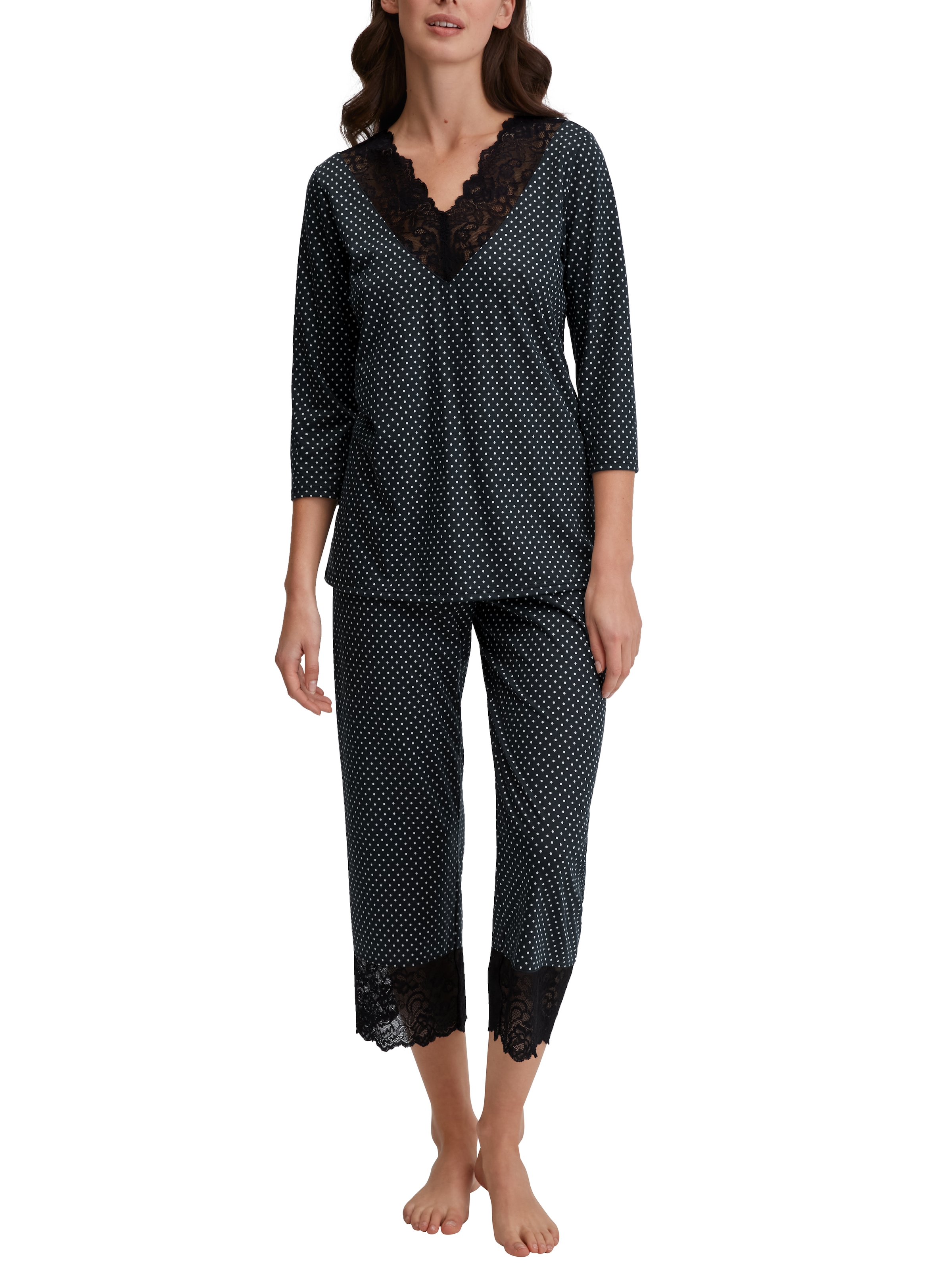 CALIDA Capri-Pyjama »Deep Dreams«, (2 tlg.), 7/8-Länge, gepunktet, Spitze, atmungsaktiv, weich